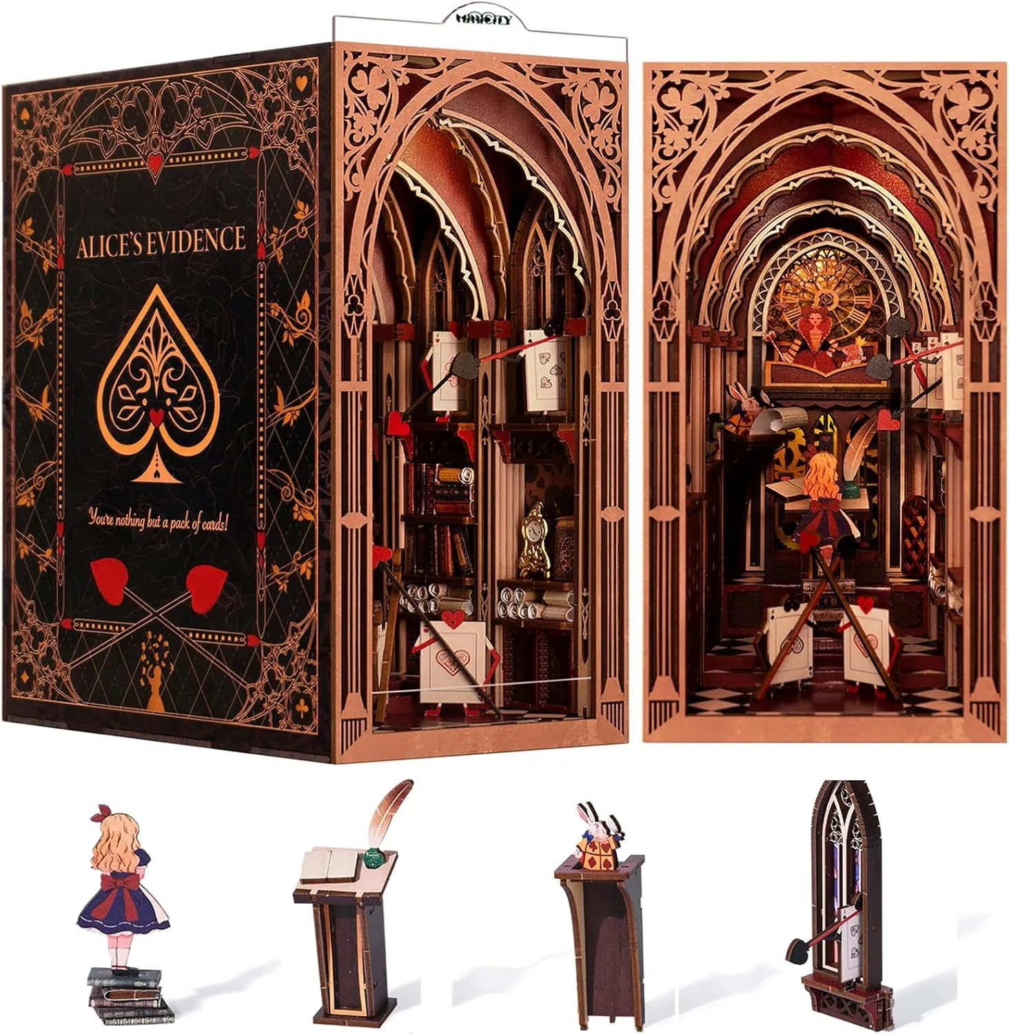 𝗠𝗶𝗻𝗶𝗖𝗶𝘁𝘆 Book Nook Kit, DIY Miniature Dollhouse Booknook Kit, 3D Wooden Puzzle Bookend Bookshelf Insert Decor with LED Light for Teens and Adults (Alice in Wonderland)