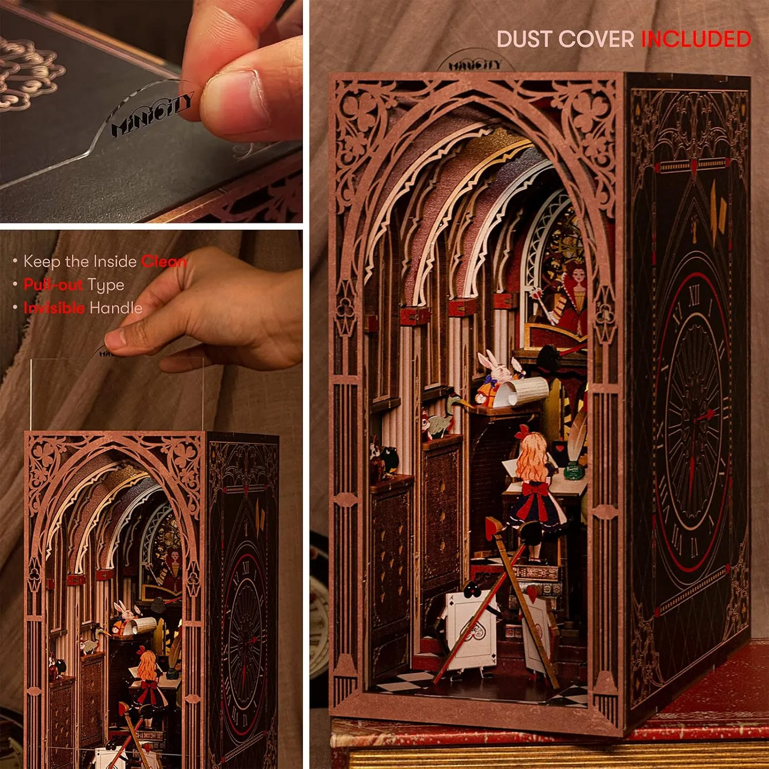 𝗠𝗶𝗻𝗶𝗖𝗶𝘁𝘆 Book Nook Kit, DIY Miniature Dollhouse Booknook Kit, 3D Wooden Puzzle Bookend Bookshelf Insert Decor with LED Light for Teens and Adults (Alice in Wonderland)