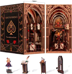𝗠𝗶𝗻𝗶𝗖𝗶𝘁𝘆 Book Nook Kit, DIY Miniature Dollhouse Booknook Kit, 3D Wooden Puzzle Bookend Bookshelf Insert Decor with LED Light for Teens and Adults (Alice in Wonderland)