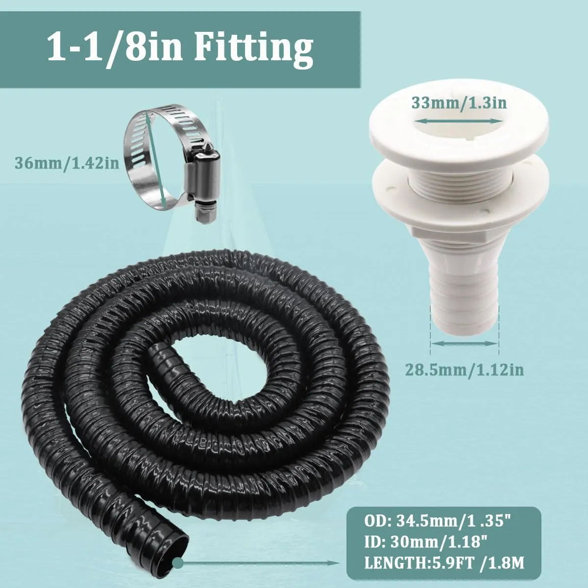 1-1/8 Boat Bilge Pump Hose Kit, 3/4 Boat Bilge Pump Hose Kit Can Choose,ABS Check Valve for Boat Marine, 6 FT Premium Quality Kink-Free Flexible PVC Hose,2 Hose Clamps