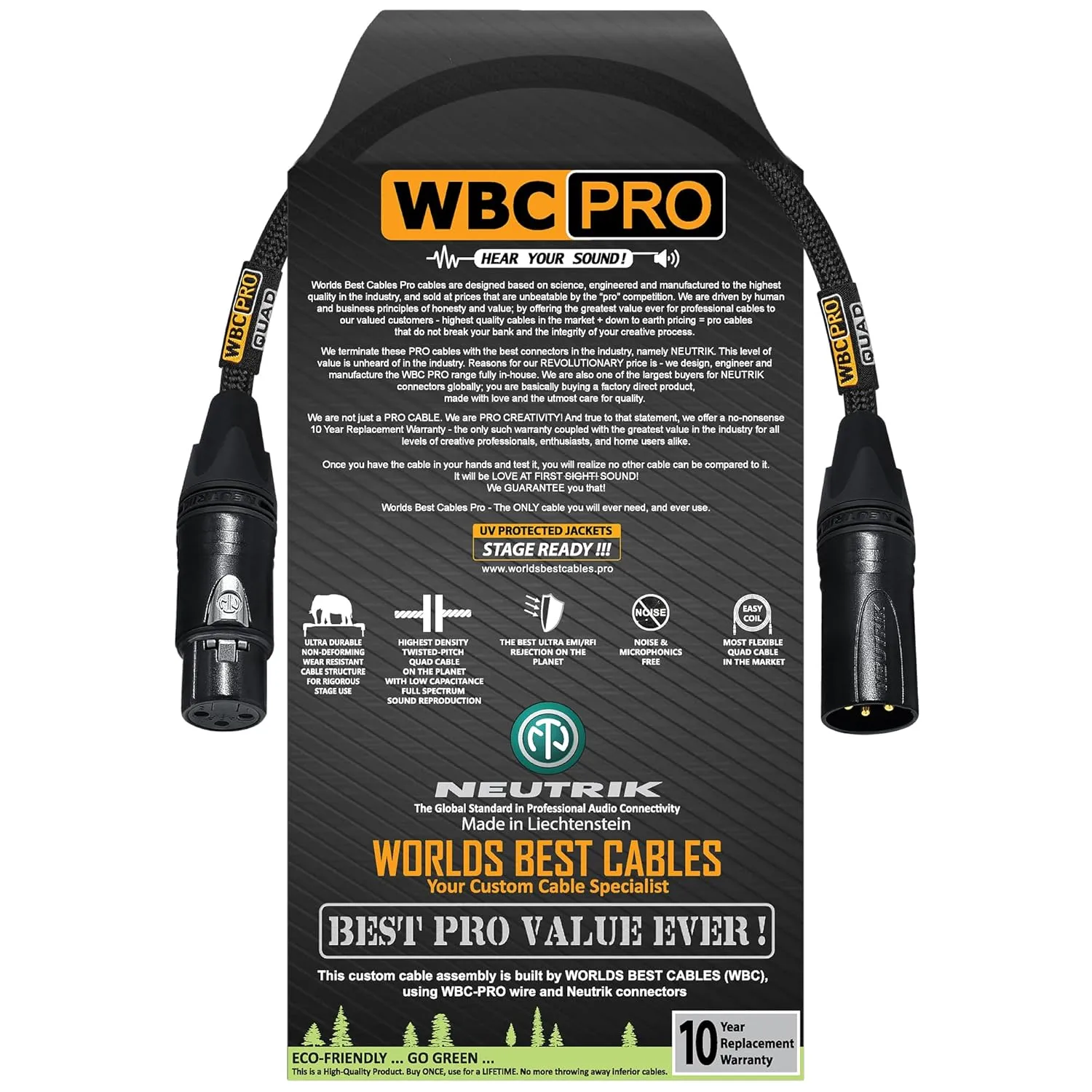 1 Foot - WBC-PRO-Quad Ultra-Silent Ultra-Flexible Balanced Star-Quad Cable with Neutrik Male & Female XLR Plugs & Black Tweed Jacket