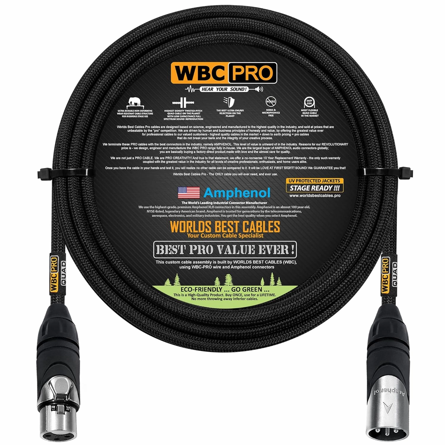 10 Foot - WBC-PRO-Quad Ultra-Silent Ultra-Flexible Balanced Star-Quad Cable with Amphenol Male & Female XLR Plugs & Black Tweed Jacket