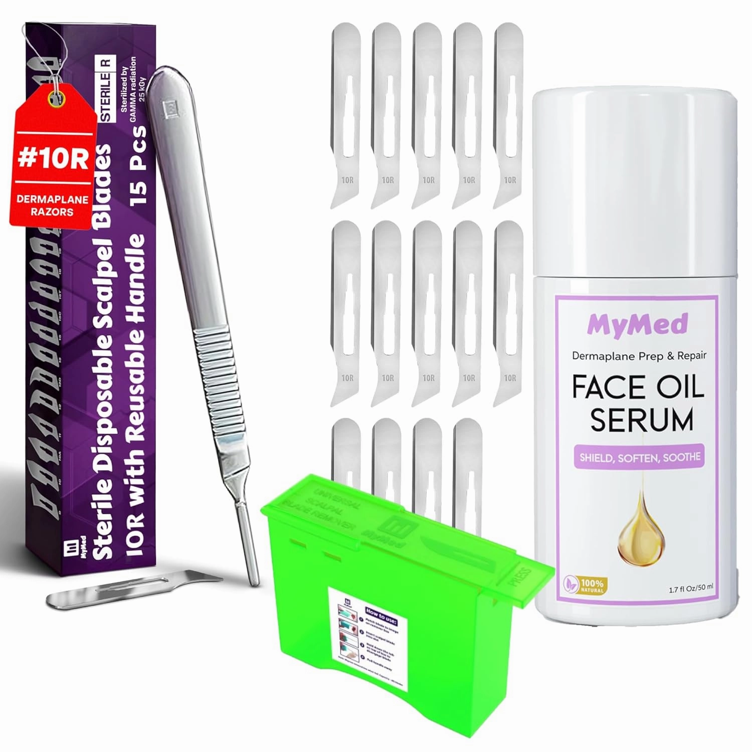 10R Dermaplane Razor for Women face Pack of 15   Dermaplane Blade Remover Box for Safe Disposal   Dermaplane Oil for Women Face.