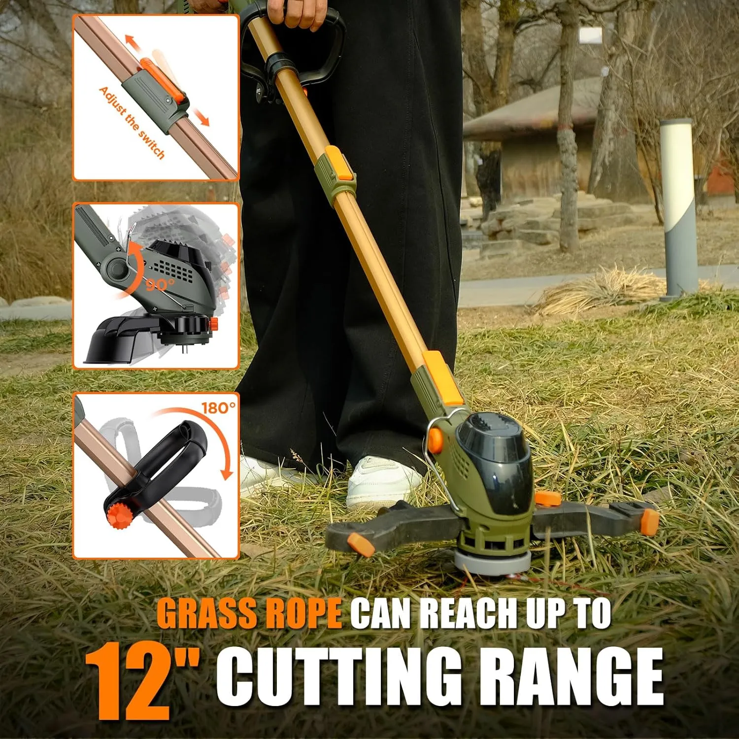 12-Inch Cordless String Trimmer & Edger, (2 x 21V 6.0Ah Electric Brush Cutter Battery Powered), with Auxiliary Bracket, Side Ball, 90° Rotary Head, Telescopic Handle, 3 Cutting Methods(WEG21T)
