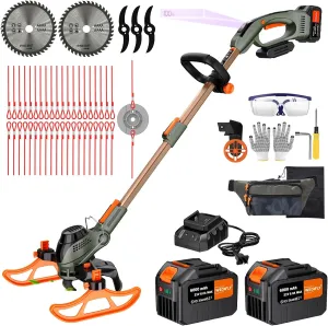 12-Inch Cordless String Trimmer & Edger, (2 x 21V 6.0Ah Electric Brush Cutter Battery Powered), with Auxiliary Bracket, Side Ball, 90° Rotary Head, Telescopic Handle, 3 Cutting Methods(WEG21T)