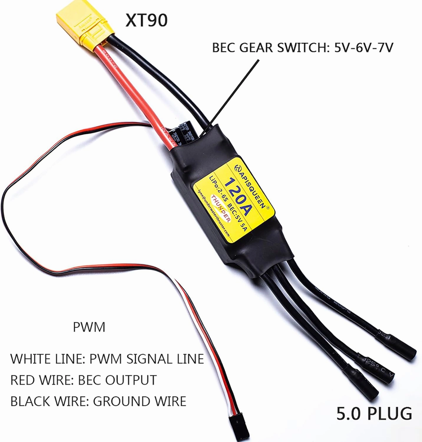 120A ESC 2-6S LiPo Brushless Electronic Speed Controller with BEC XT90 & 5.0mm Plug for RC Airplane Drone Model