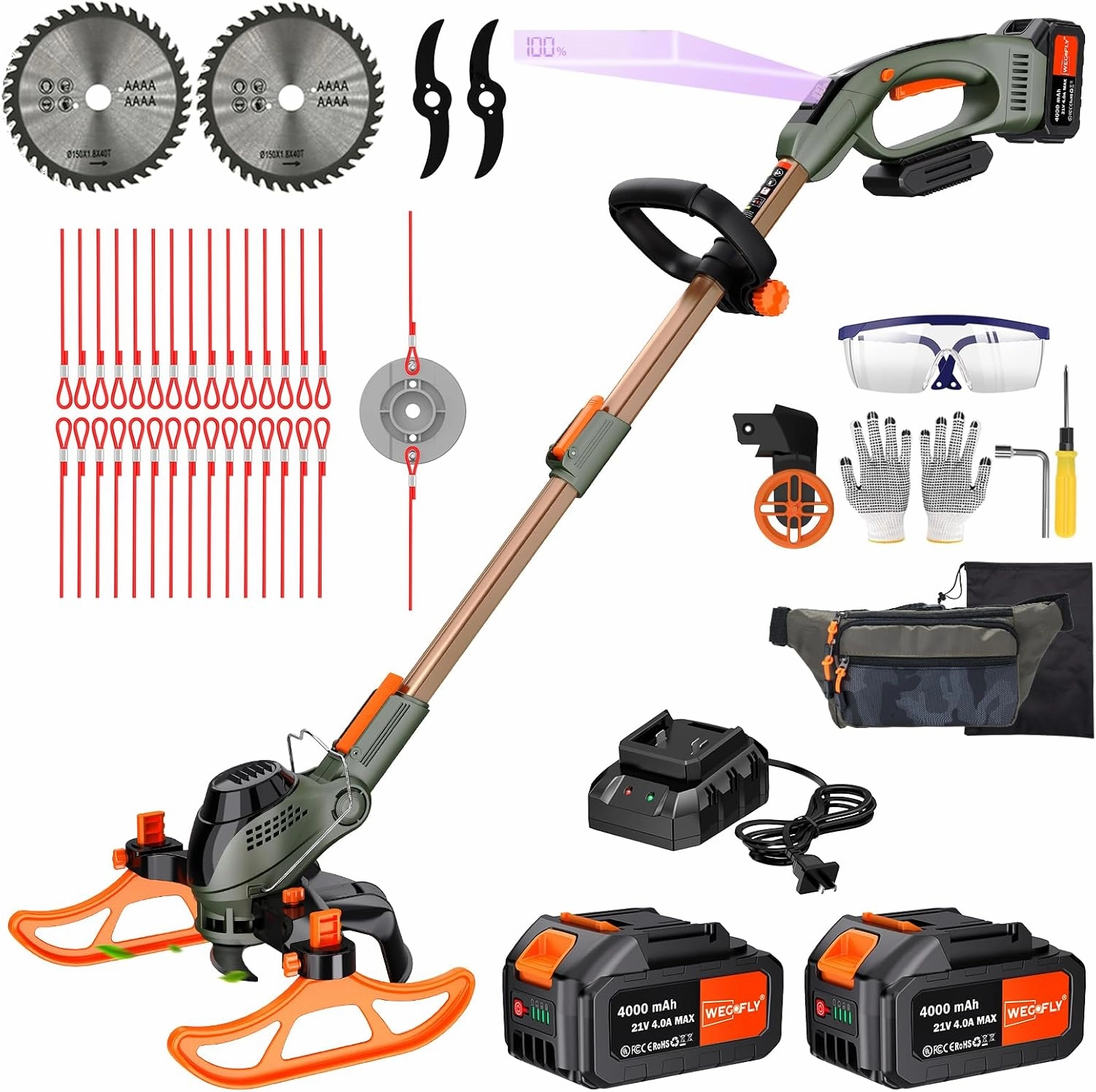12-Inch Cordless String Trimmer & Edger, (2 x 21V 4.0Ah Electric Brush Cutter Battery Powered), with Auxiliary Bracket, Side Ball, 90° Rotary Head, Telescopic Handle, 3 Cutting Methods(WEG21T)
