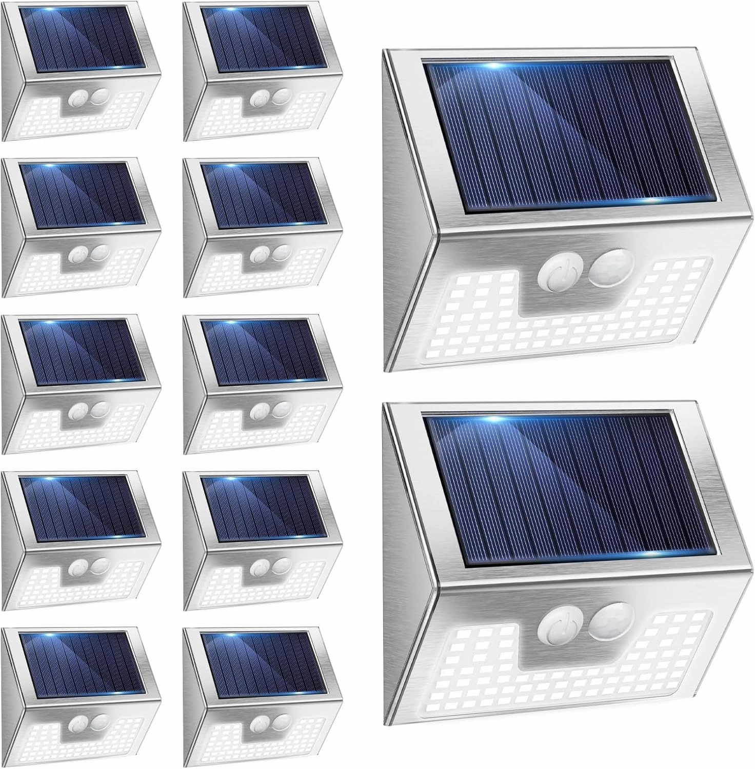 12 Pack Solar Motion Lights Outdoor, Brushed Nickel Bright Cold White Fence Lights Waterproof, LED Outside Fence Lights Wireless for Wall Yard Steps Stairs Garden - Stainless Steel, YHM03A