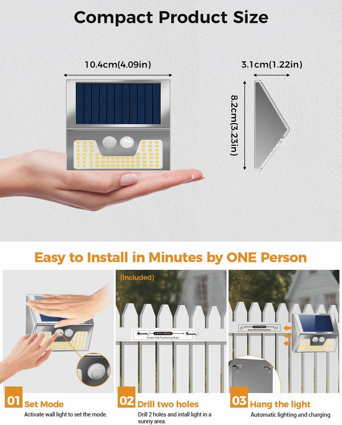 12 Pack Solar Motion Lights Outdoor, Brushed Nickel Bright Cold White Fence Lights Waterproof, LED Outside Fence Lights Wireless for Wall Yard Steps Stairs Garden - Stainless Steel, YHM03A