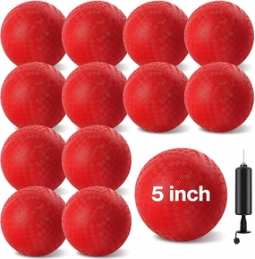 12 Pcs Dodgeballs 5 Inch Playground Ball Kickball Red Inflatable Rubber Handball Bouncy Dodge Ball with 1 Hand Pump for Outdoors Ball Games Gym Camps Picnic (Needle is at The Top of The Pump)