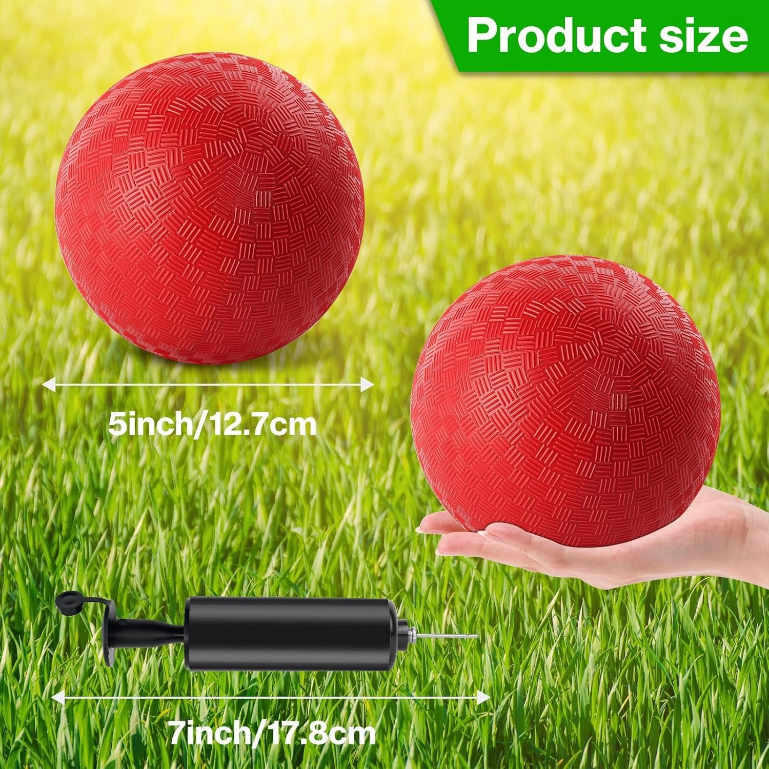 12 Pcs Dodgeballs 5 Inch Playground Ball Kickball Red Inflatable Rubber Handball Bouncy Dodge Ball with 1 Hand Pump for Outdoors Ball Games Gym Camps Picnic (Needle is at The Top of The Pump)