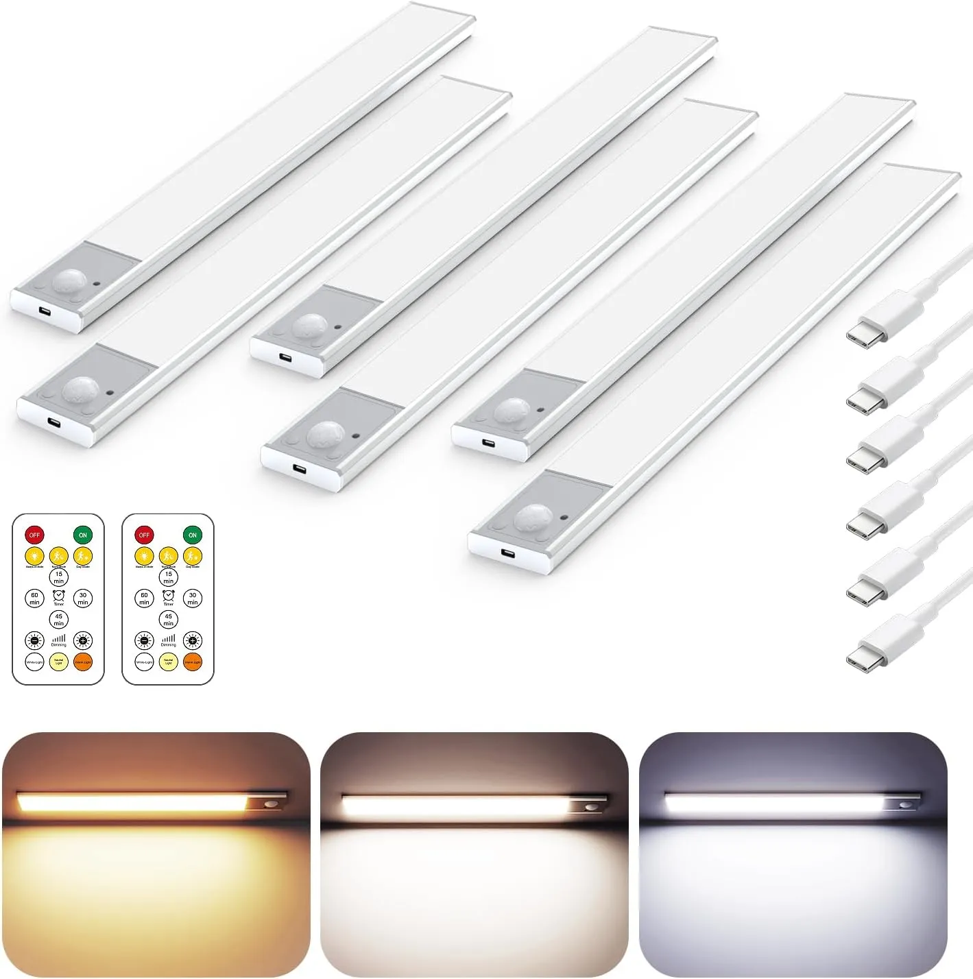 12" Ultra-Thin Under Cabinet Lighting Wireless, Aluminum Alloy Under Counter Lights for Kitchen, 3-Color-Temps Magnetic Closet Lights, Rechargeable Motion Sensor Light Indoor (6 Pack, Silver)