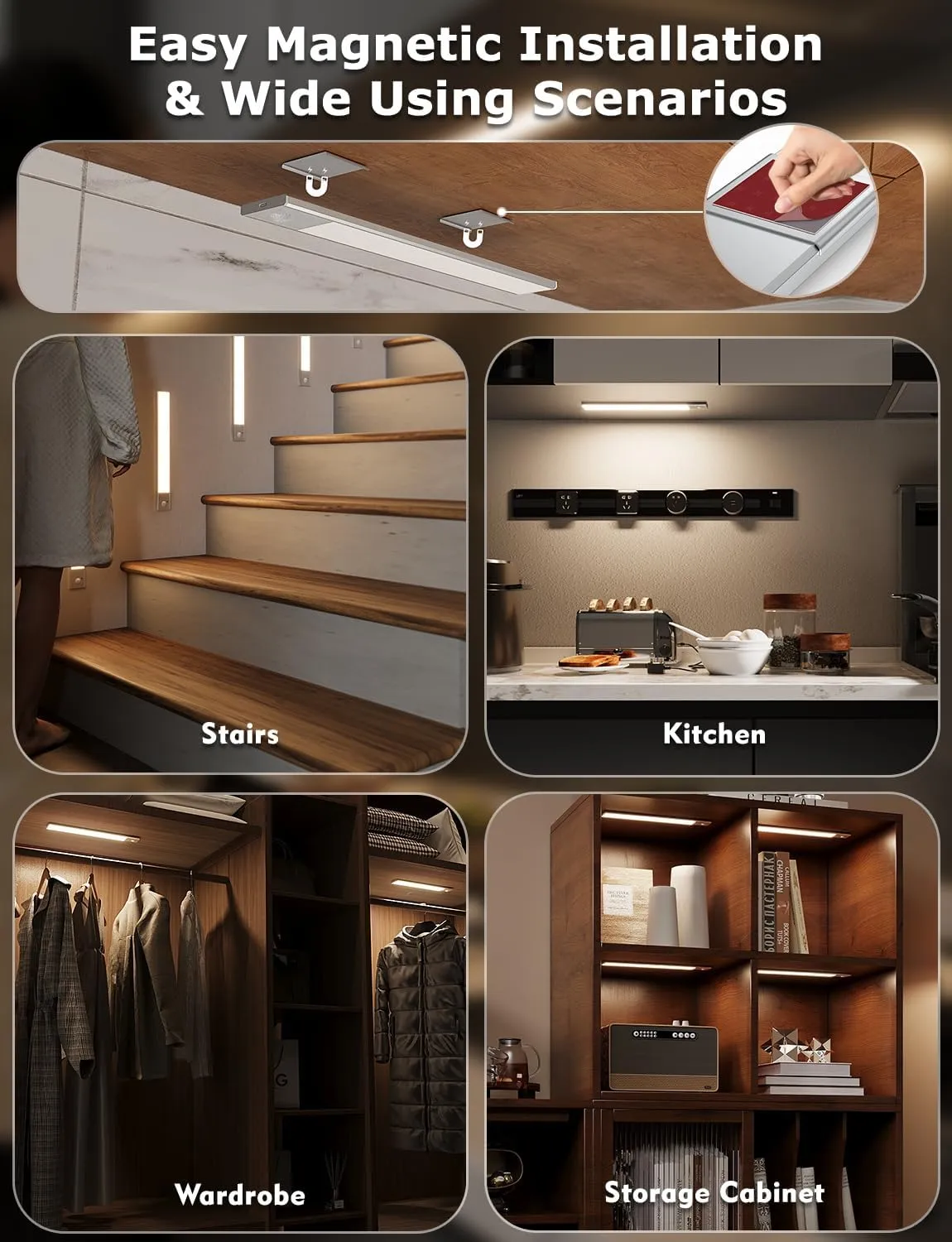 12" Ultra-Thin Under Cabinet Lighting Wireless, Aluminum Alloy Under Counter Lights for Kitchen, 3-Color-Temps Magnetic Closet Lights, Rechargeable Motion Sensor Light Indoor (6 Pack, Silver)