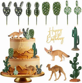 13 Pcs Cactus Desert Animals Cake Toppers Desert Animals Model Toy Trees Cactus Figures Diorama Kit Fake Cacti Plants Realistic Camel Fennec Figurine Diorama Birthday Party Cake Decor
