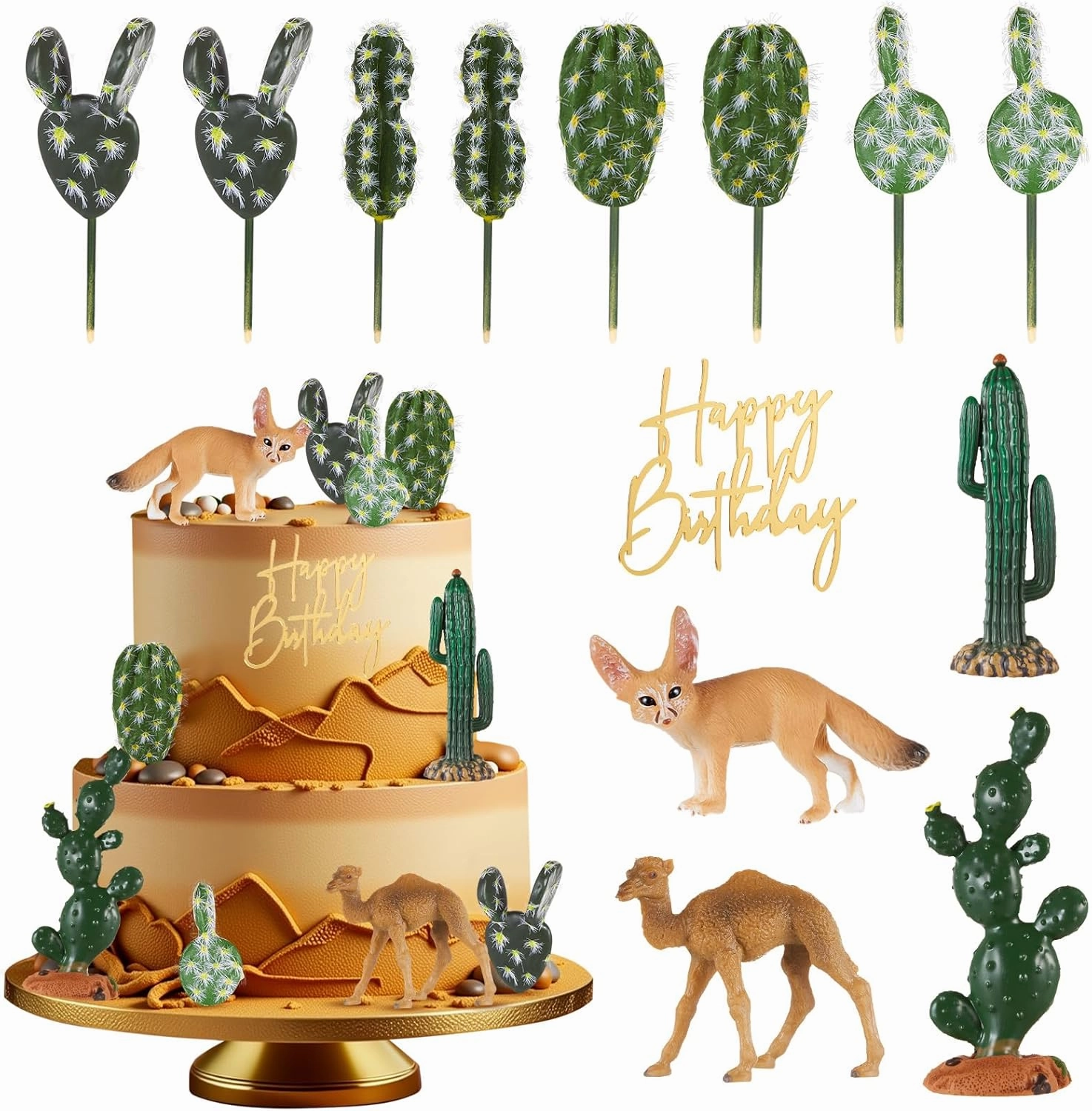 13 Pcs Cactus Desert Animals Cake Toppers Desert Animals Model Toy Trees Cactus Figures Diorama Kit Fake Cacti Plants Realistic Camel Fennec Figurine Diorama Birthday Party Cake Decor