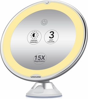 15X Magnification with Lights, Large 8 inch Portable Illuminated Makeup Mirror with Touch Sensor, 3 Color Modes, Dimmable Light and Locking Suction Cup for Bathroom Magnifying Mirror