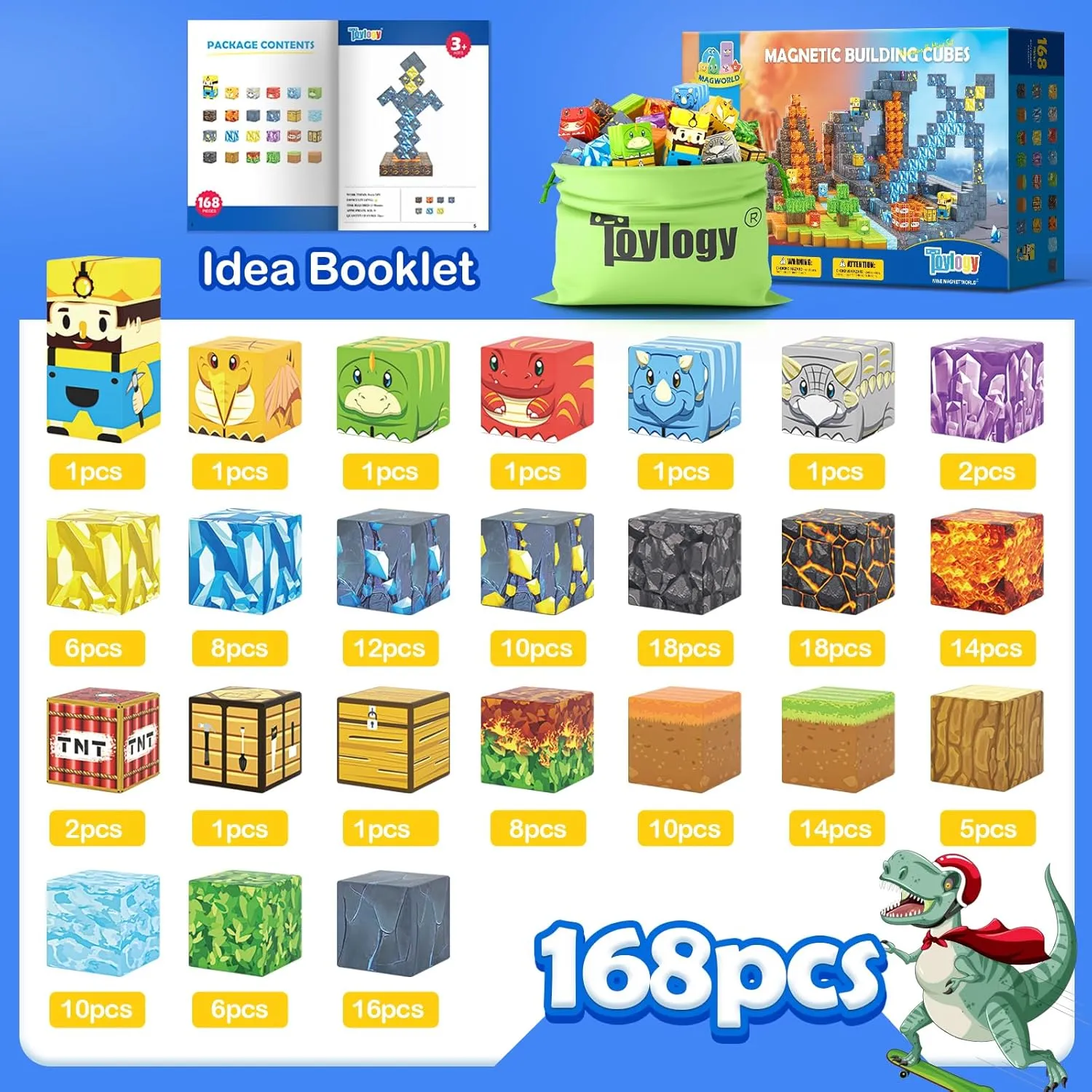 168PCS Magnetic Blocks-Build Mine Magnet World Dinosaur & Mine Edition, Building Outdoor Sensory Toys for Kids 3-5, STEM Jurassic Kid Games for Toddler Gifts for Boys and Girls Ages 3 4 5 6 7 8