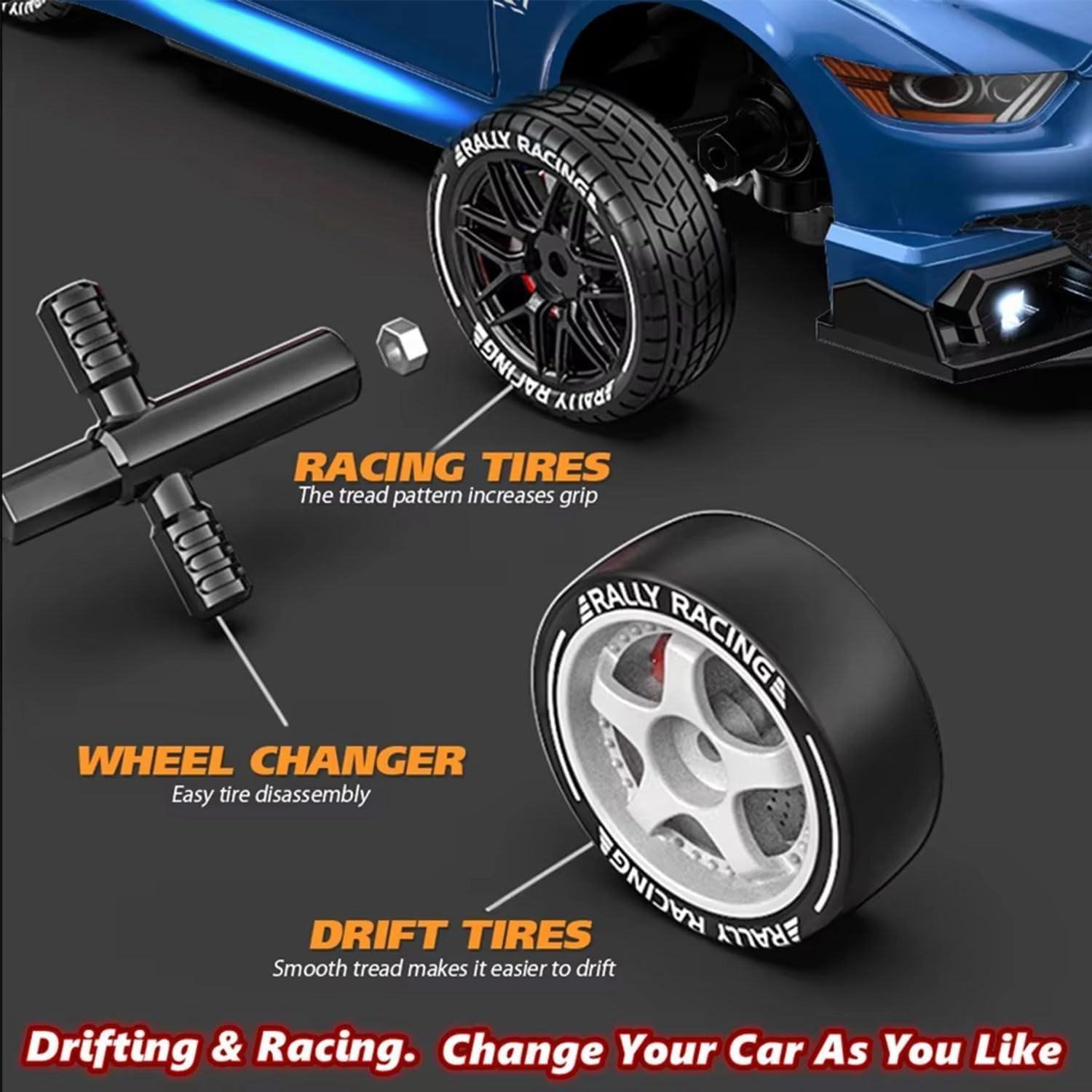 1:24 Scale RC Drift Car 4WD 2.4GHz 30KM/H High Speed Racing Sport Toy Car with LED Lights, Racing and Drift Wheels (8606-White)