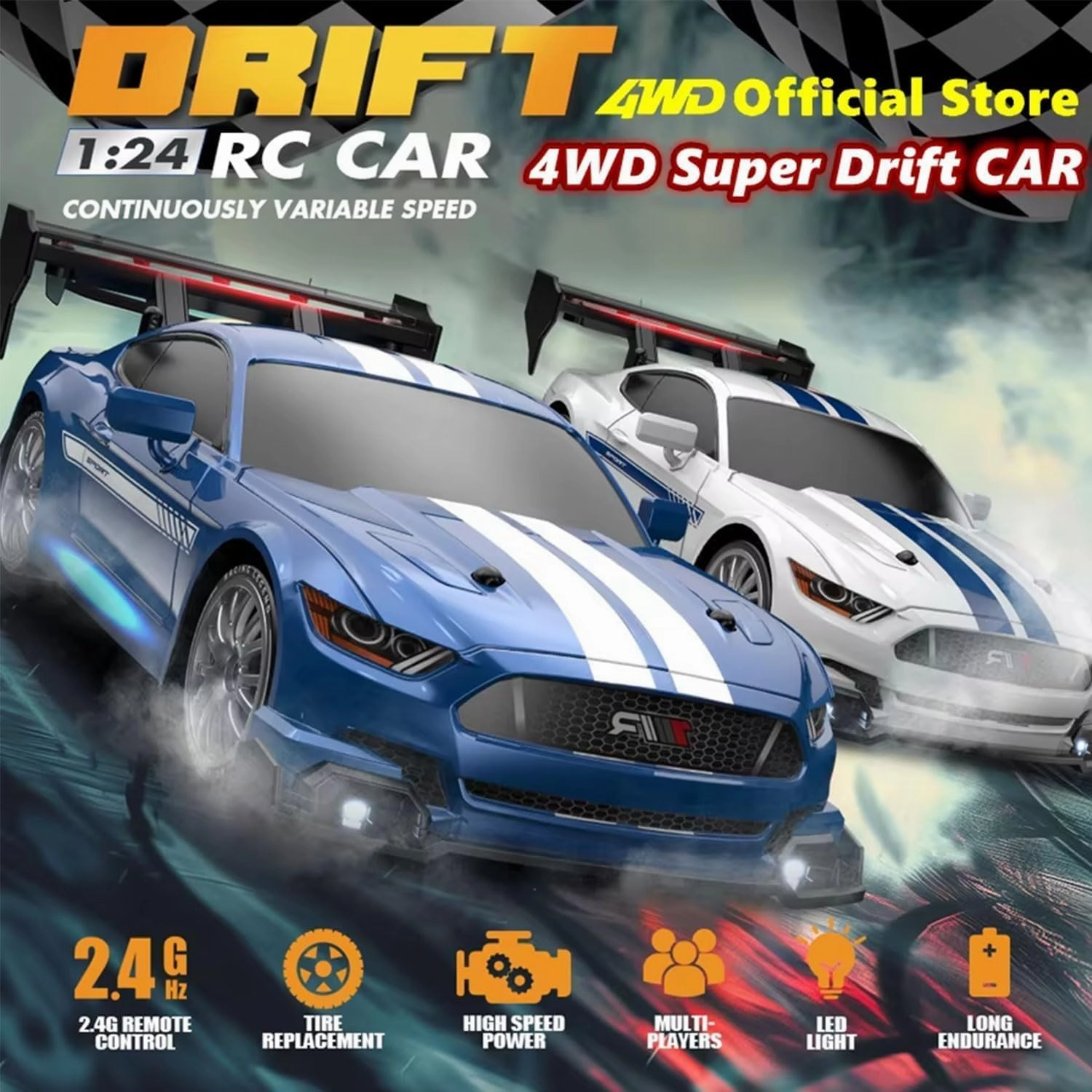 1:24 Scale RC Drift Car 4WD 2.4GHz 30KM/H High Speed Racing Sport Toy Car with LED Lights, Racing and Drift Wheels (8606-White)