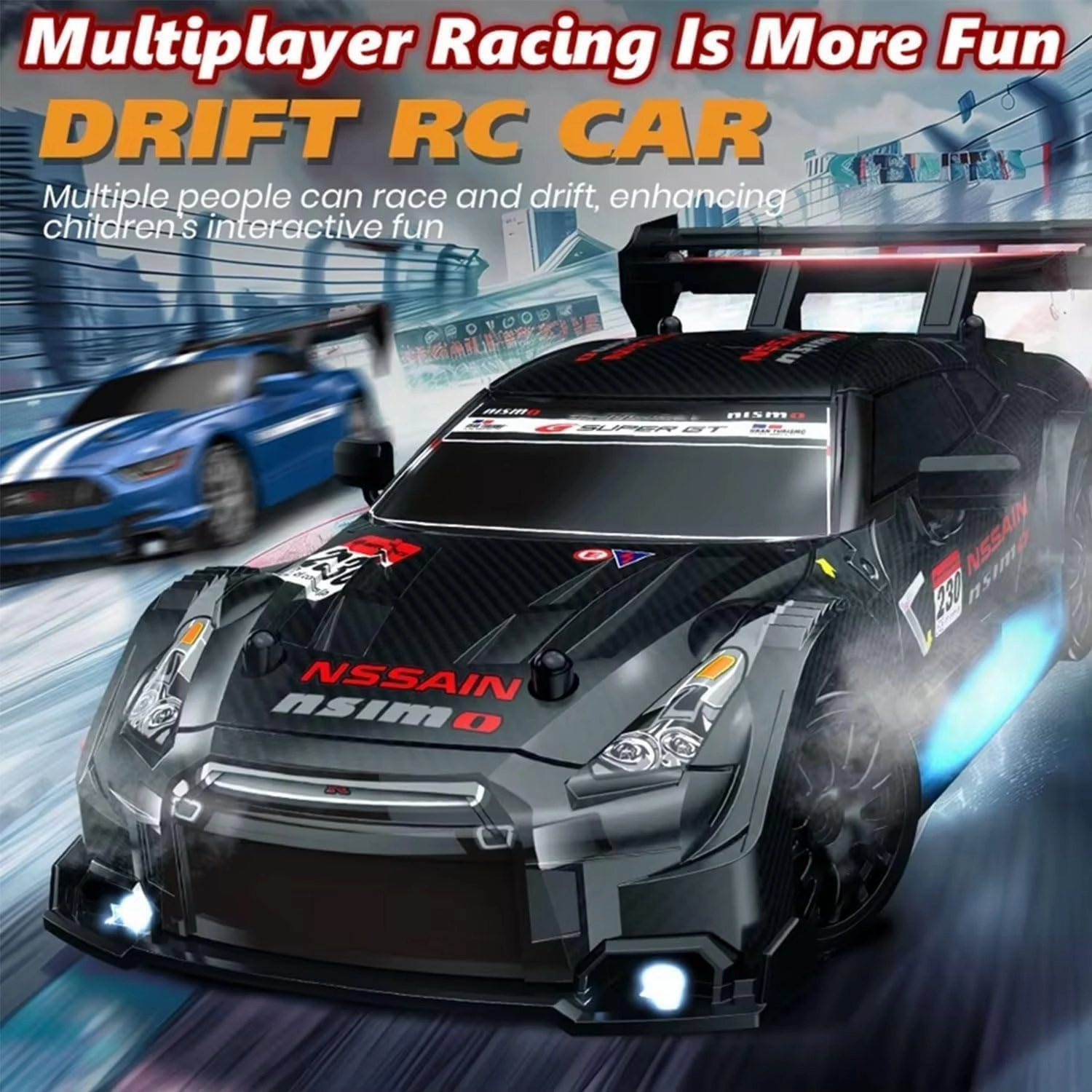 1:24 Scale RC Drift Car 4WD 2.4GHz 30KM/H High Speed Racing Sport Toy Car with LED Lights, Racing and Drift Wheels (8606-White)