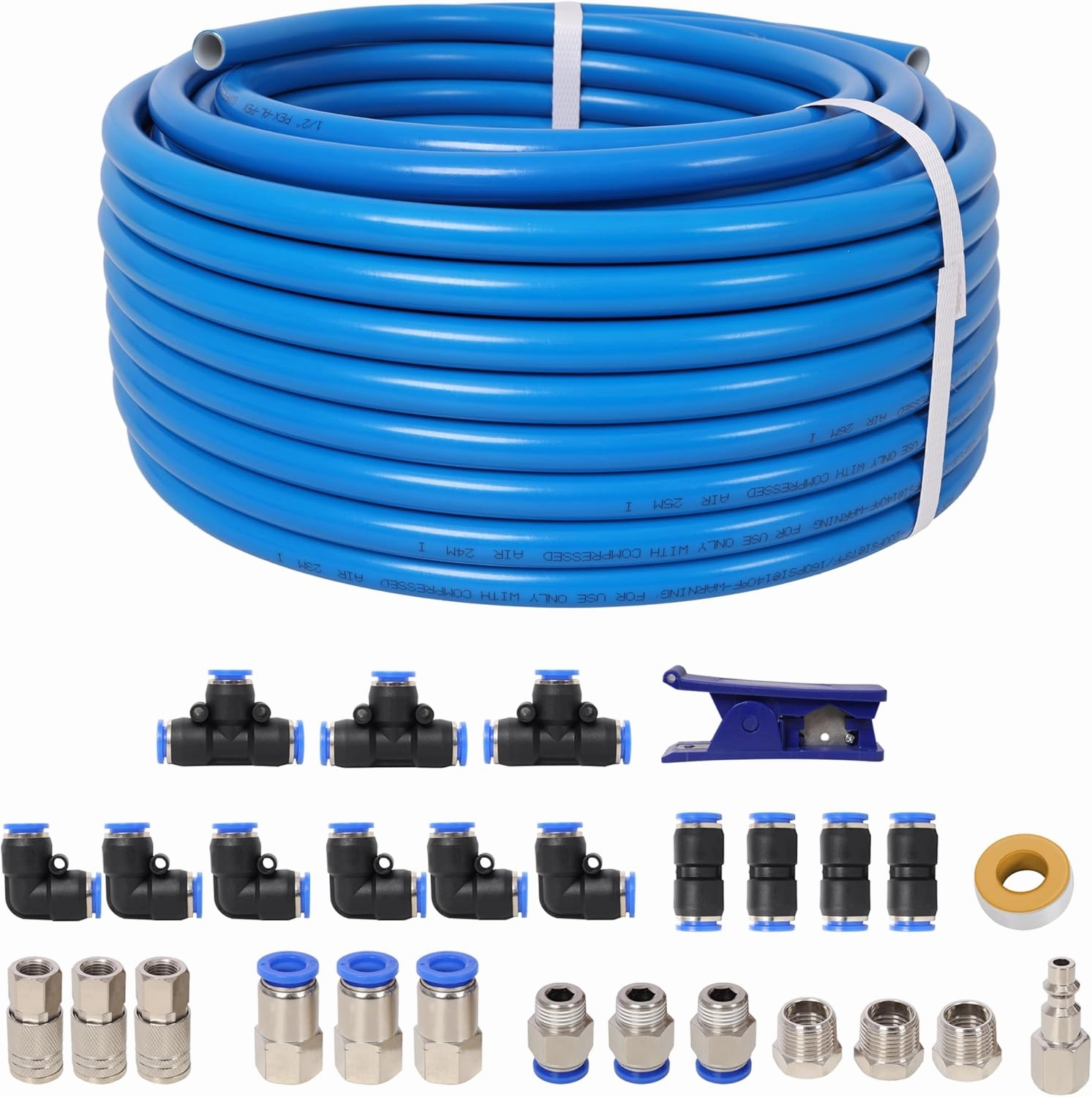 1/2 Inches Od × 60 Feet Pu Air Tube Kit – Industrial Quick Connect Coupler & Plug, Blue Tubing – Garage Air Compressor Accessories Kit