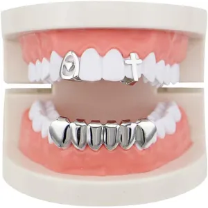 2 Single Heart Cross Shape Top Hip Hop Grillz Teeth and 6 Bottom Set Vampire Fangs
