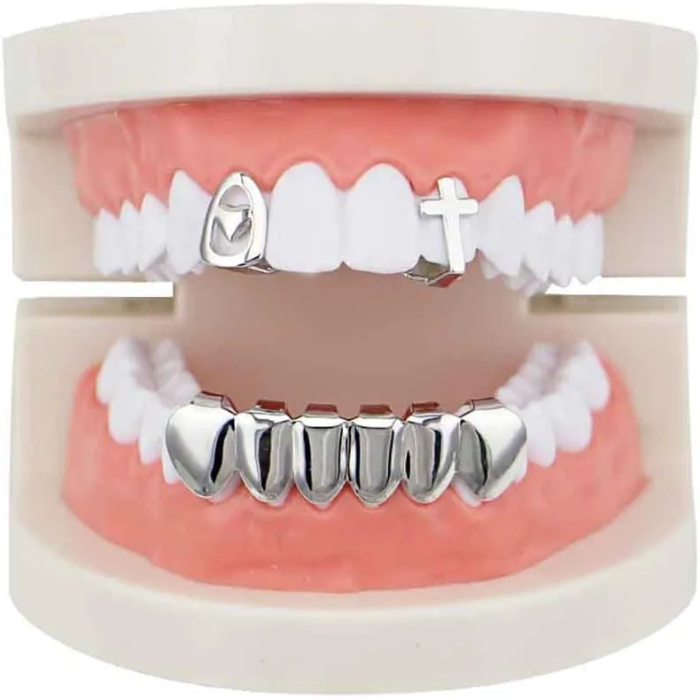 2 Single Heart Cross Shape Top Hip Hop Grillz Teeth and 6 Bottom Set Vampire Fangs