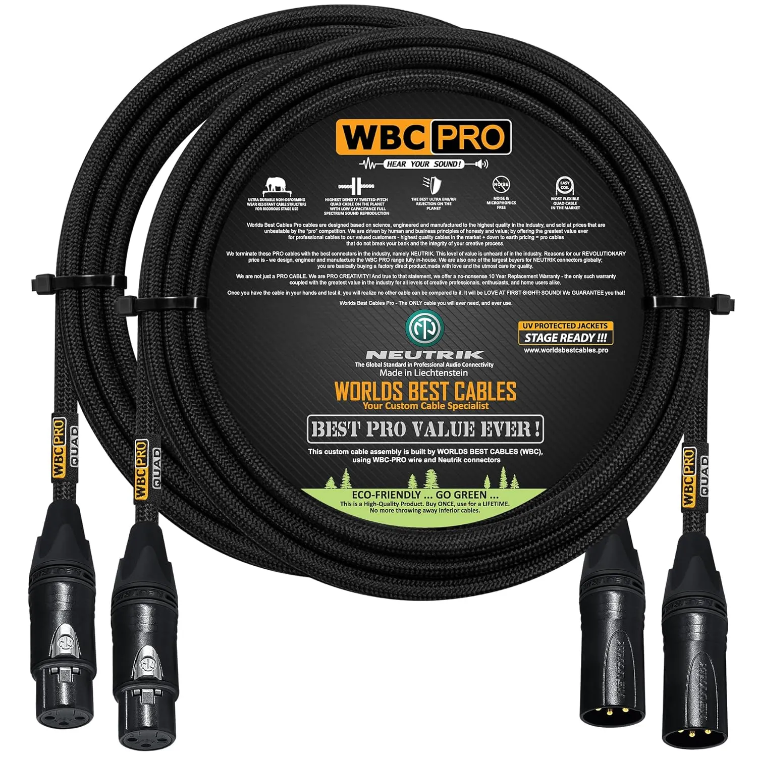 2 Units - 15 Foot - WBC-PRO-Quad Ultra-Silent Ultra-Flexible Balanced Star-Quad Cable with Neutrik Male & Female XLR Plugs & Black Tweed Jacket