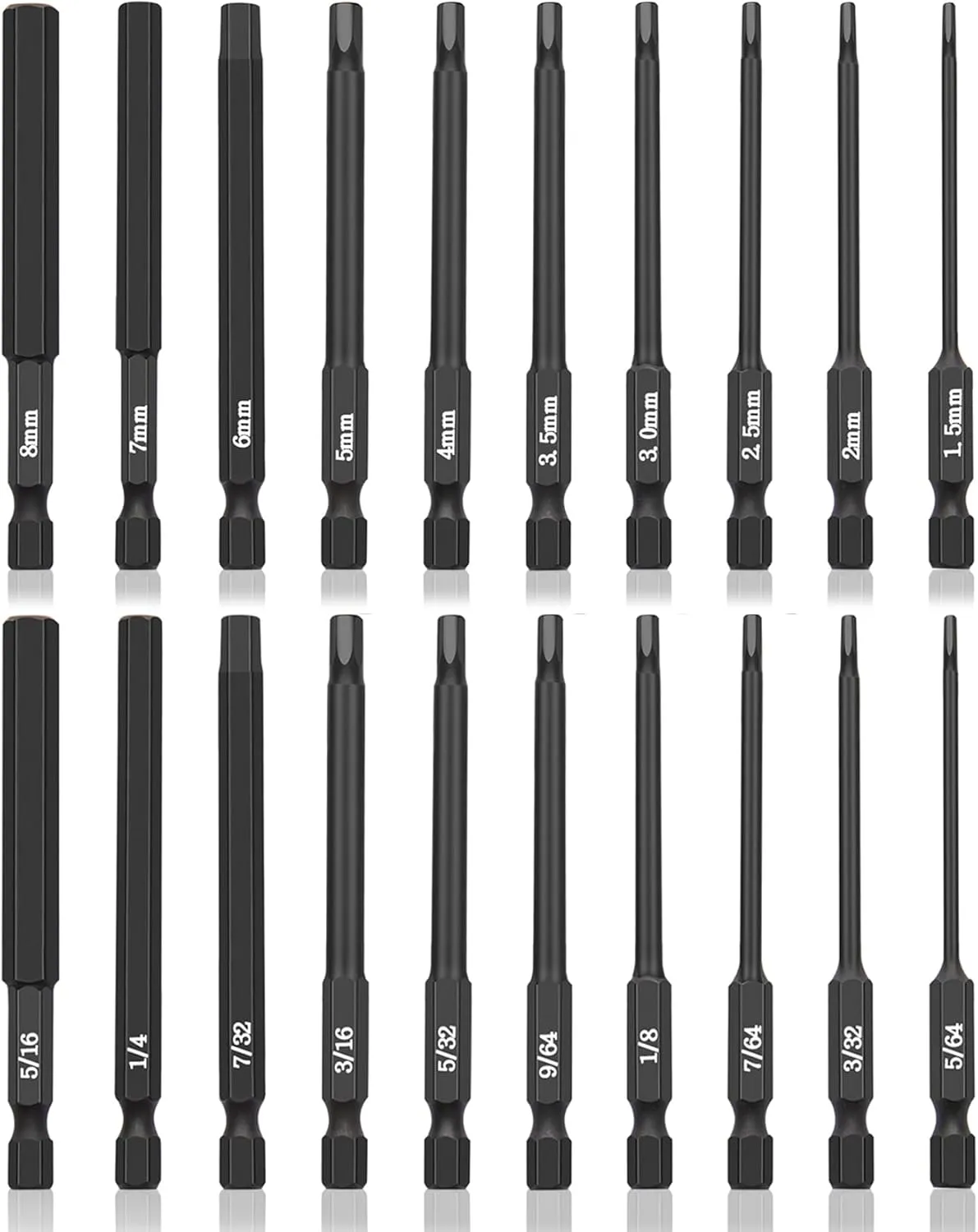 20 Piece Hex Head Allen Wrench Drill Bit Set, 1/4 Inch Hex Shank Metric and SAE S2 Steel Hex Bit Set, Magnetic Tips 3 Inch Long