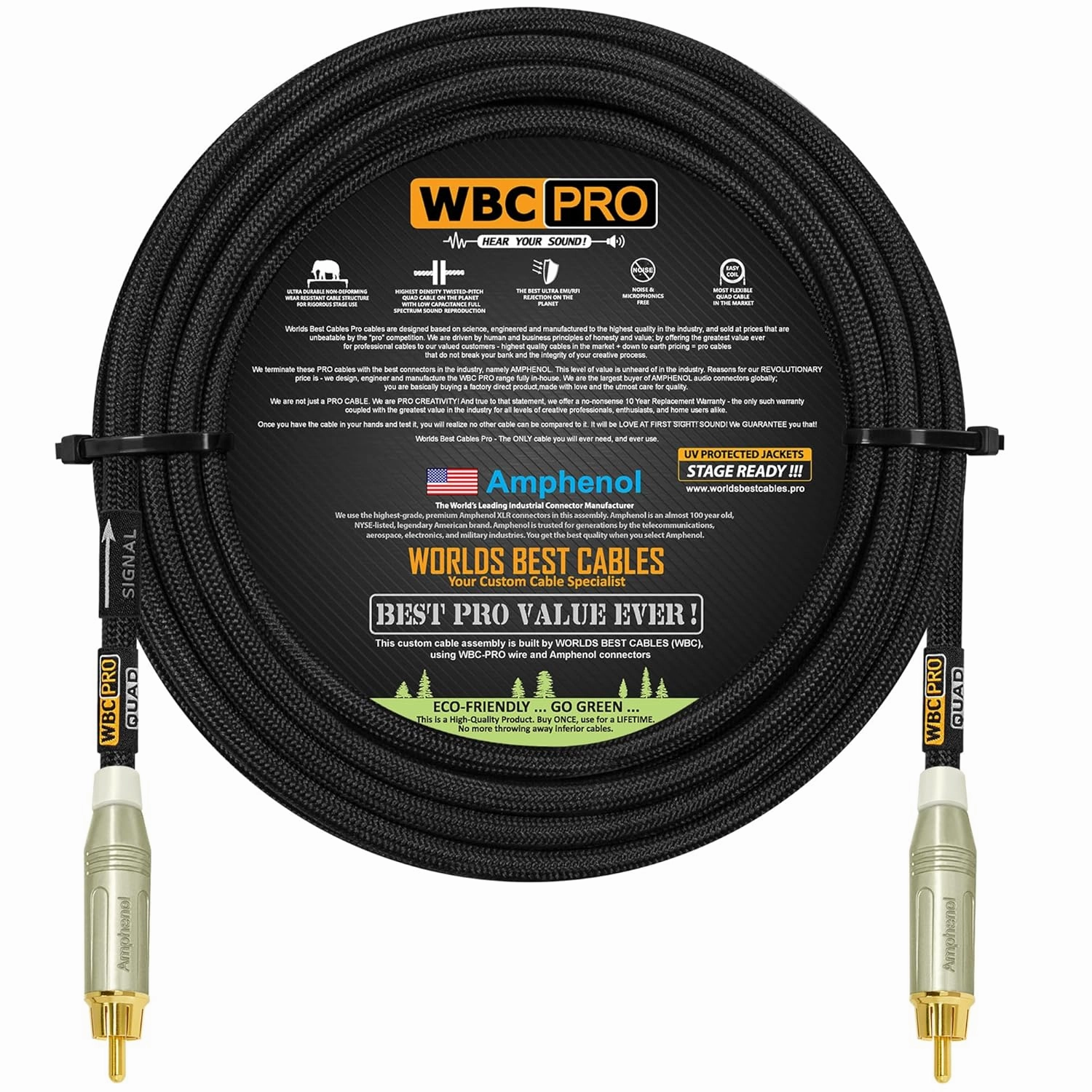 20 Foot - WBC-PRO-Quad Ultra-Silent, Ultra-Flexible, Star-Quad Center-Channel, Subwoofer Cable with Amphenol ACPR-SWH Die-Cast, Gold Plated RCA Connectors & Black Tweed Jacket – Directional Design