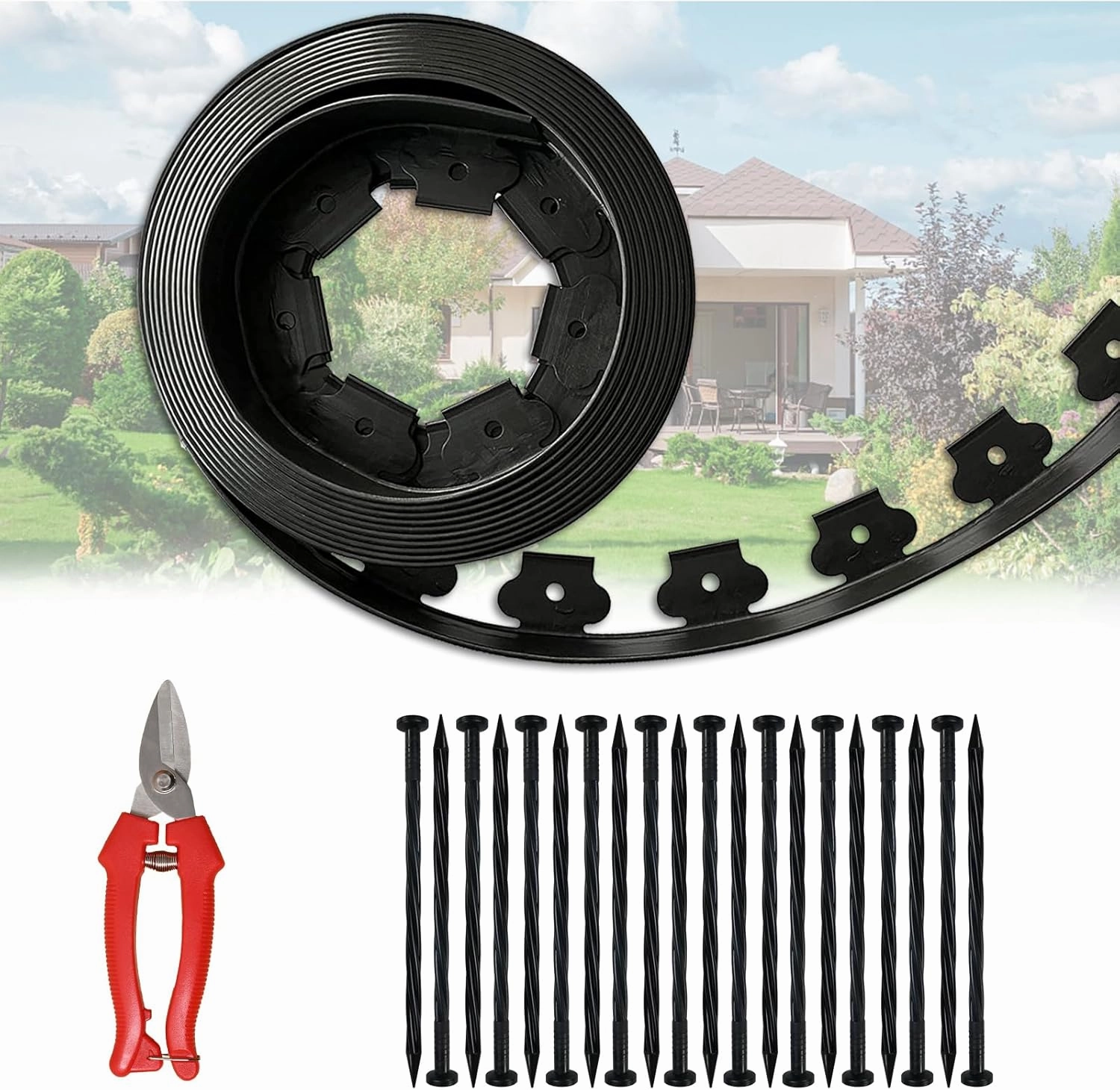 20 ft Fence Edging for Landscaping Include Garden Pruning Scissors,20 Spikes,20 ft Lawn Edging Edging for Landscaping Edging and Garden Edging and Garden Border(Black-20ft)