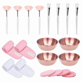 20Pcs Esthetician Facial Supplies Tools Set - Soft Mask Applicator Tools, 4 Rose Gold Facial Bowls & 4 Facial Fan Mask Brushes & 4 Flat Brushes & 4 Sponges & 4 Headbands, Esthetician Mixing Facial Kit