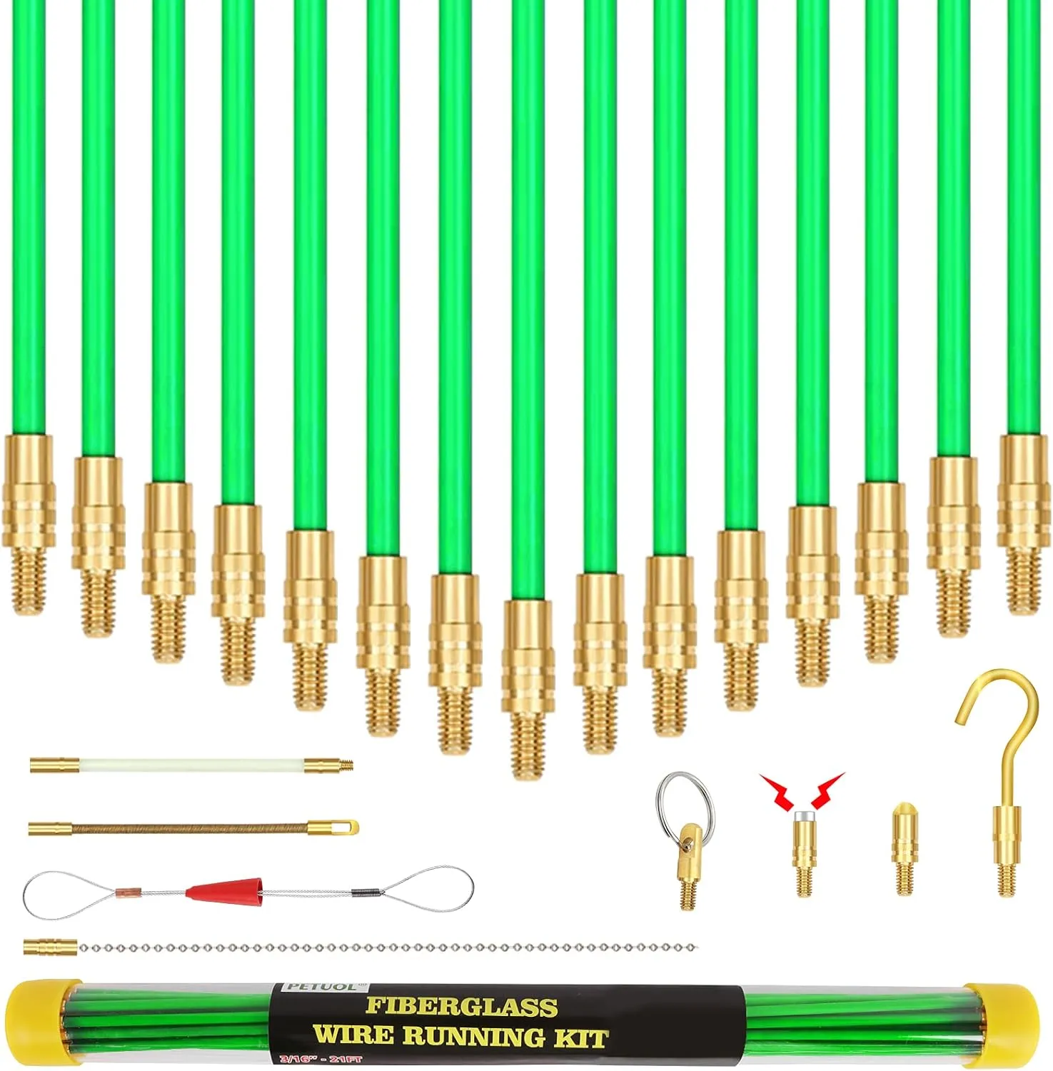21 Feet Fiberglass Fish Tape Cable Rods, Electrical Wire Running Pull/Push Kit with Hook and Hole Kit Glow Rod, Hook Hole, Green