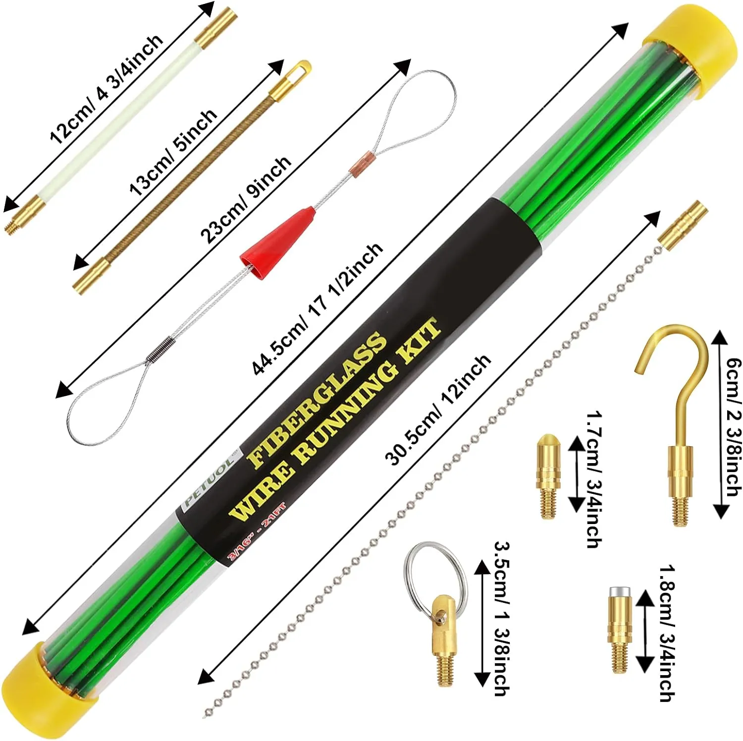 21 Feet Fiberglass Fish Tape Cable Rods, Electrical Wire Running Pull/Push Kit with Hook and Hole Kit Glow Rod, Hook Hole, Green