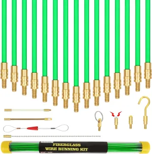 21 Feet Fiberglass Fish Tape Cable Rods, Electrical Wire Running Pull/Push Kit with Hook and Hole Kit Glow Rod, Hook Hole, Green