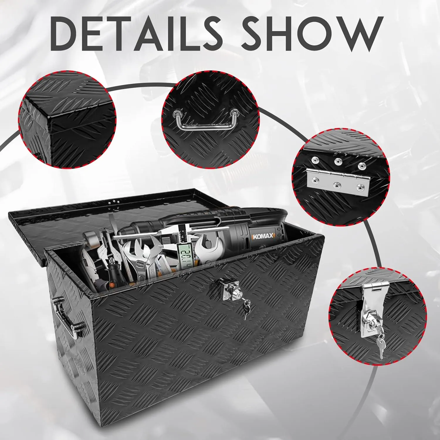 24 Inch Tool Box Flatbox Truck Bed Toolbox,RV Storage Organizer,Truck Tools Chest Box With Side Handle & Lock Key Compatible with Trailer Pickup,Black Aluminum 5 BarTread ToolBox(24"x10"x11")