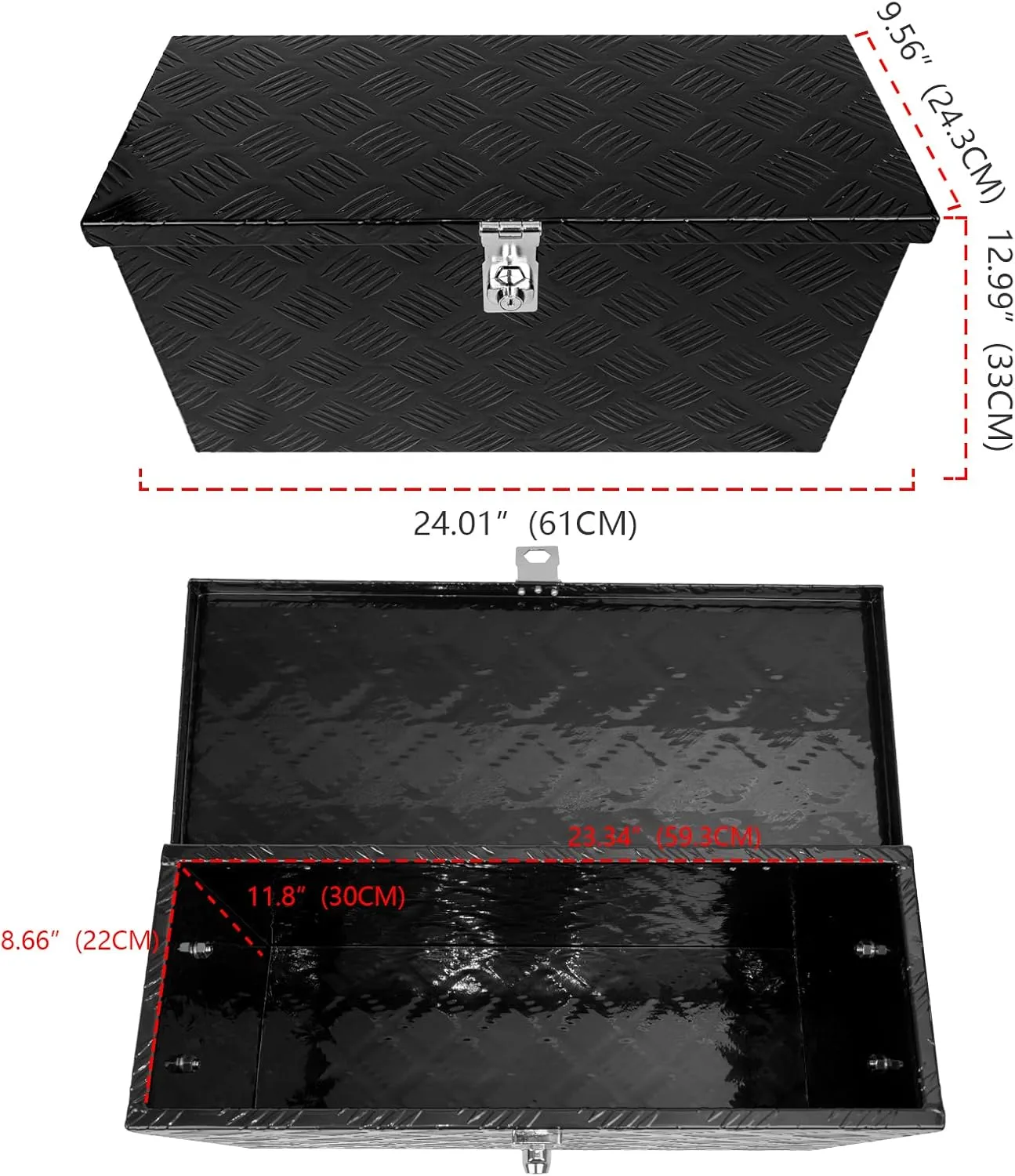 24 Inch Tool Box Flatbox Truck Bed Toolbox,RV Storage Organizer,Truck Tools Chest Box With Side Handle & Lock Key Compatible with Trailer Pickup,Black Aluminum 5 BarTread ToolBox(24"x10"x11")