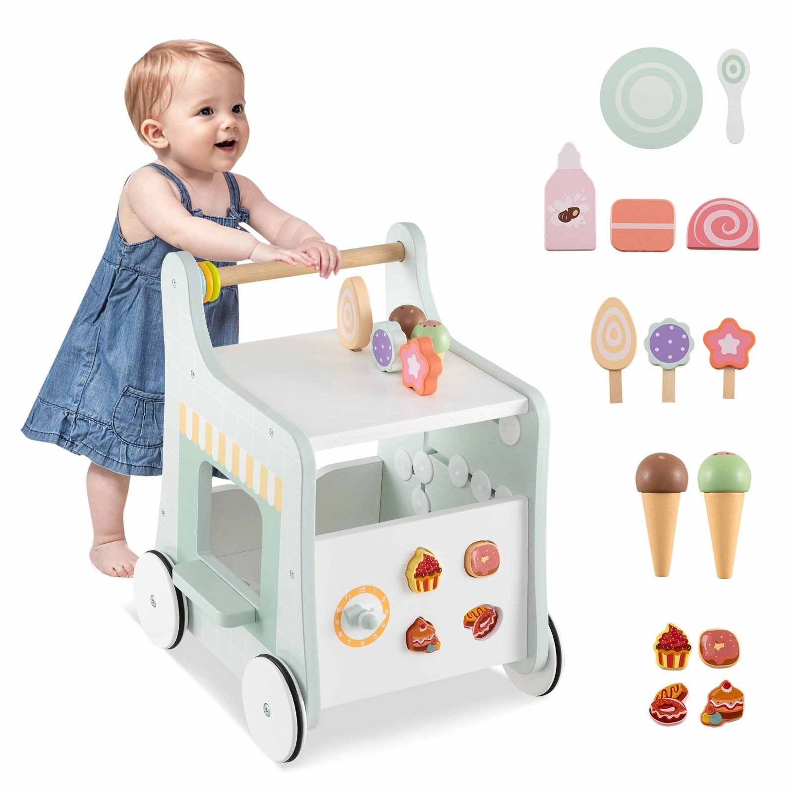 2-in-1 Baby Walker with Storage and Ice Creams for 1  Years Old-Light Green