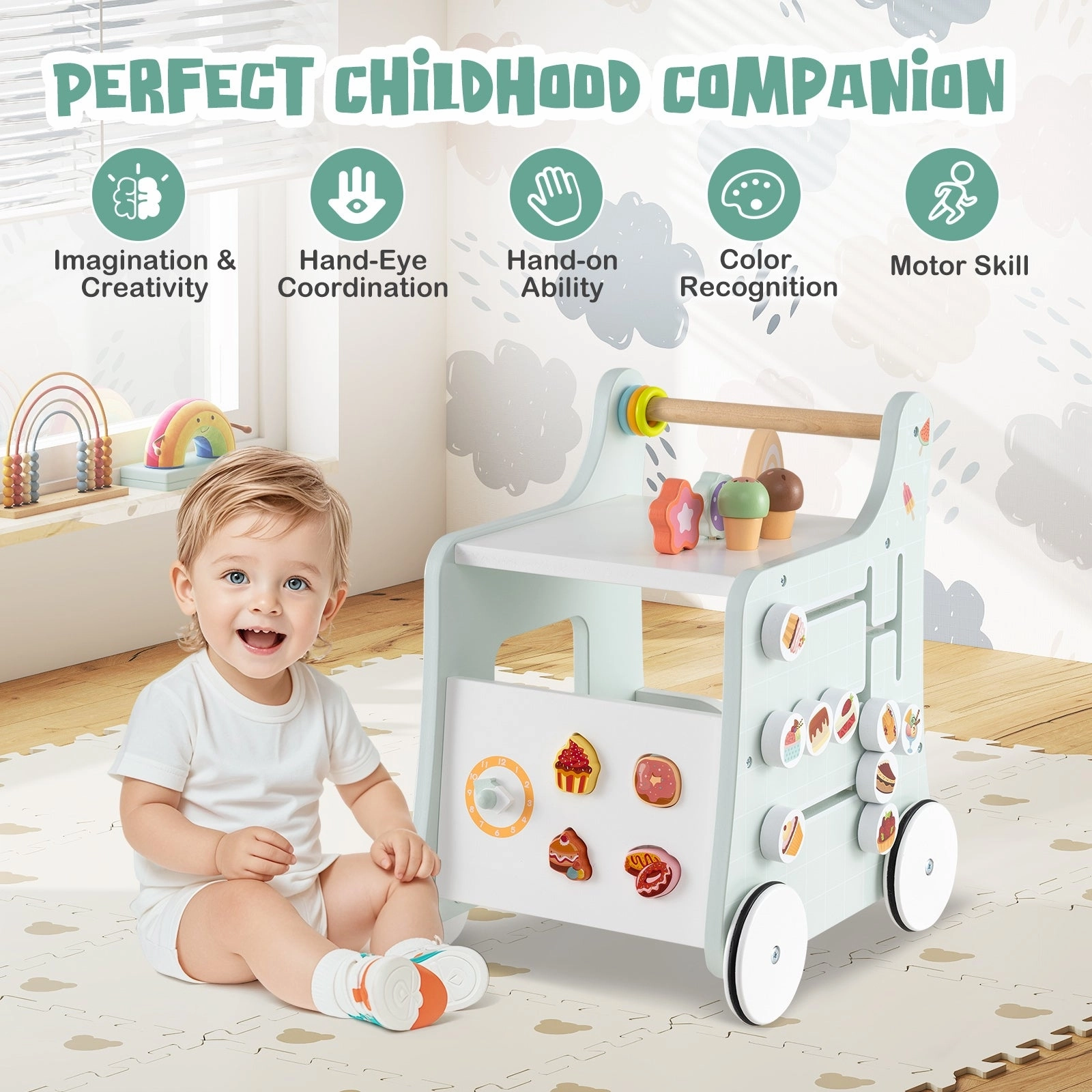 2-in-1 Baby Walker with Storage and Ice Creams for 1  Years Old-Light Green