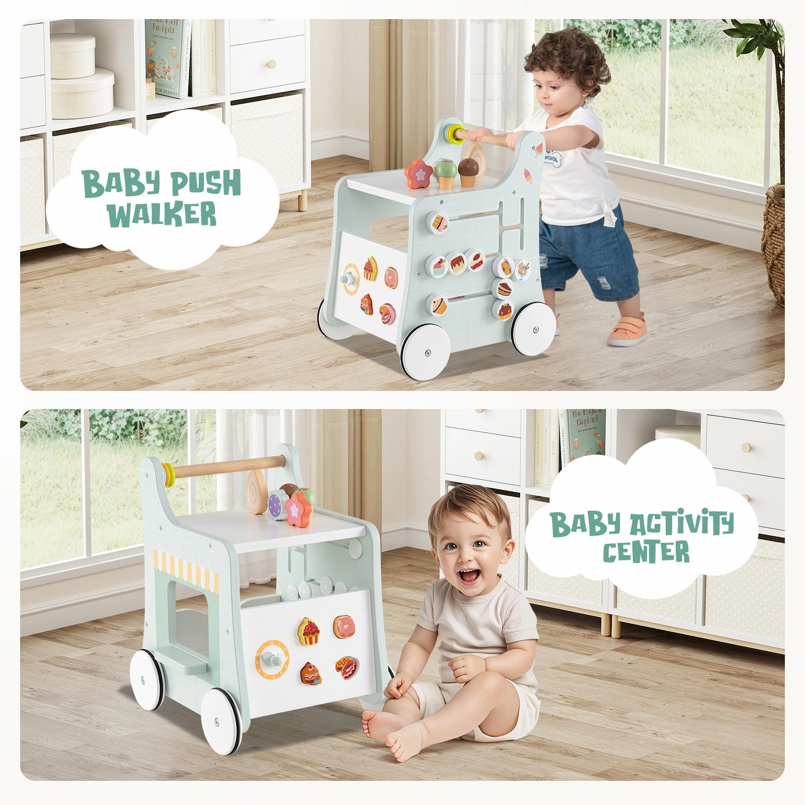 2-in-1 Baby Walker with Storage and Ice Creams for 1  Years Old-Light Green