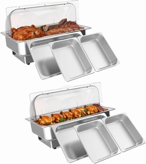 2 Pack Electric Chafing Dishes Buffet Set,Roll Top Catering Chafer Server Food Warmer with Cover and 1 Full-Size Pan & 2 Half-Size Pans for Party Wedding Banquet