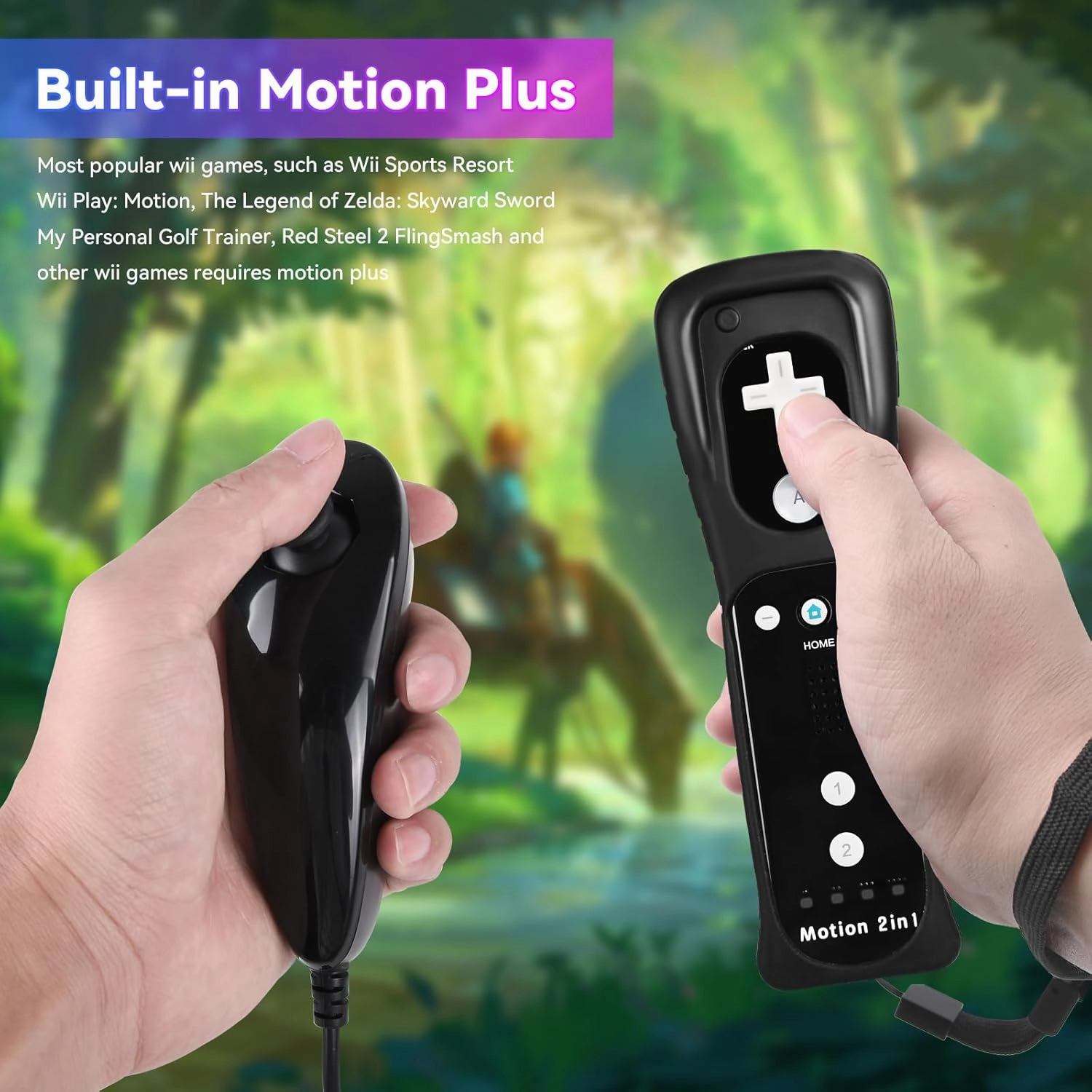 2 Pack Wii Controllers with Motion Plus, includes Black and White Wii Remotes and Wii Nunchucks