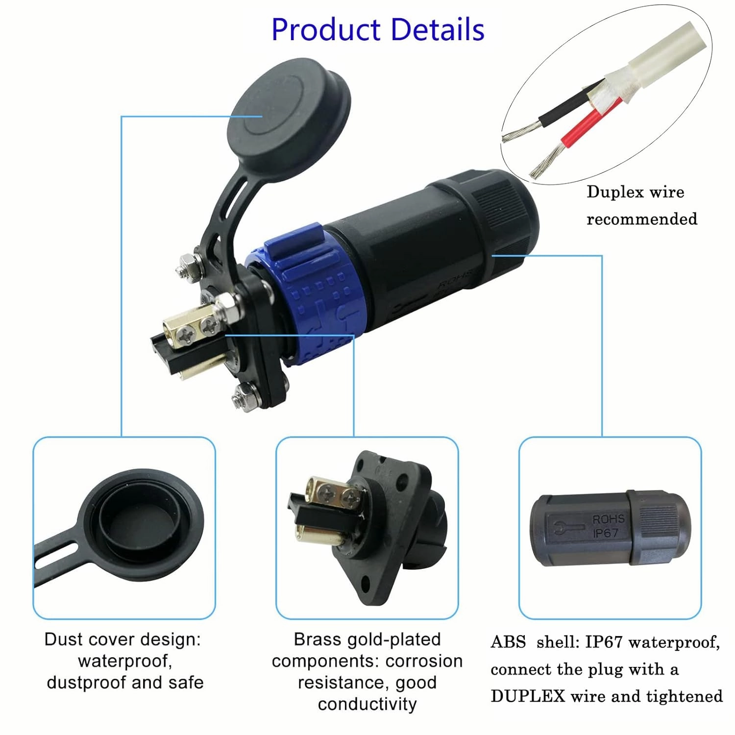 2 Pin 50Amp Trolling Motor Plug Receptacle Set, 12/24/36/48 Volt Marine Boat Power Waterproof IP67 Connector Trolling Boat Plug for Trolling Motors Compatible with 6/8 AWG Wire Blue 2 Pack