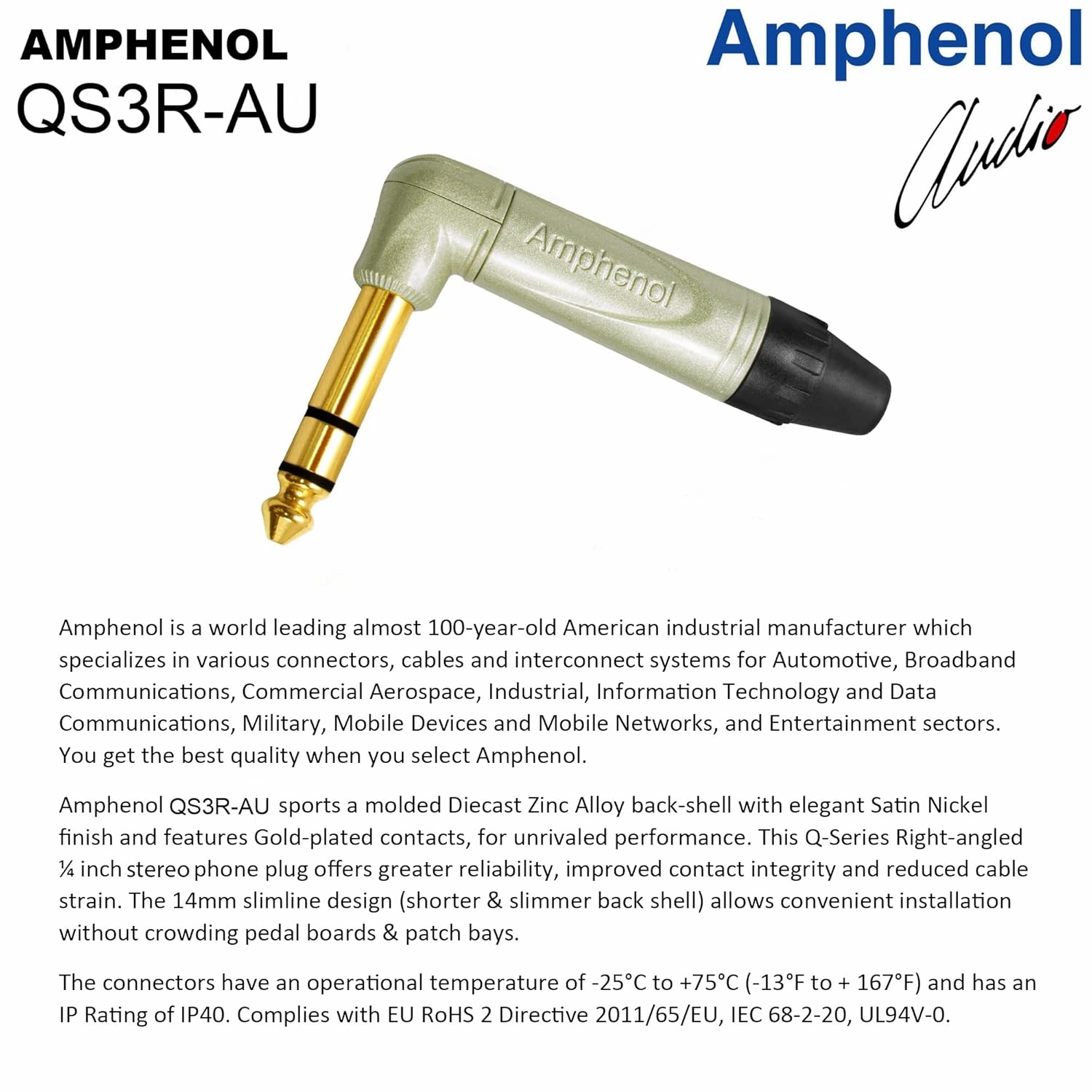 2 Units - 2 Foot - WBC-PRO-Quad Ultra-Silent Ultra-Flexible Balanced Star-Quad Cable with Amphenol QS3R-AU ¼ Inch (6.35mm) Gold Right-Angled TRS Stereo Phone Plugs & Black Tweed Jacket