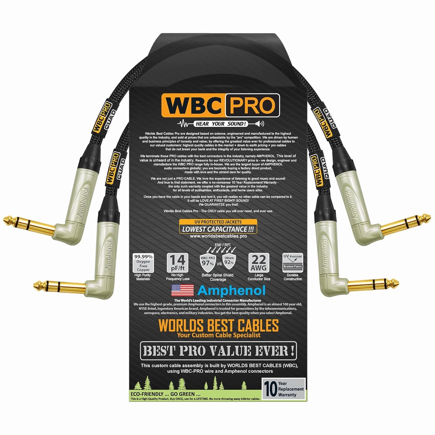 2 Units - 2 Foot - WBC-PRO-Quad Ultra-Silent Ultra-Flexible Balanced Star-Quad Cable with Amphenol QS3R-AU ¼ Inch (6.35mm) Gold Right-Angled TRS Stereo Phone Plugs & Black Tweed Jacket