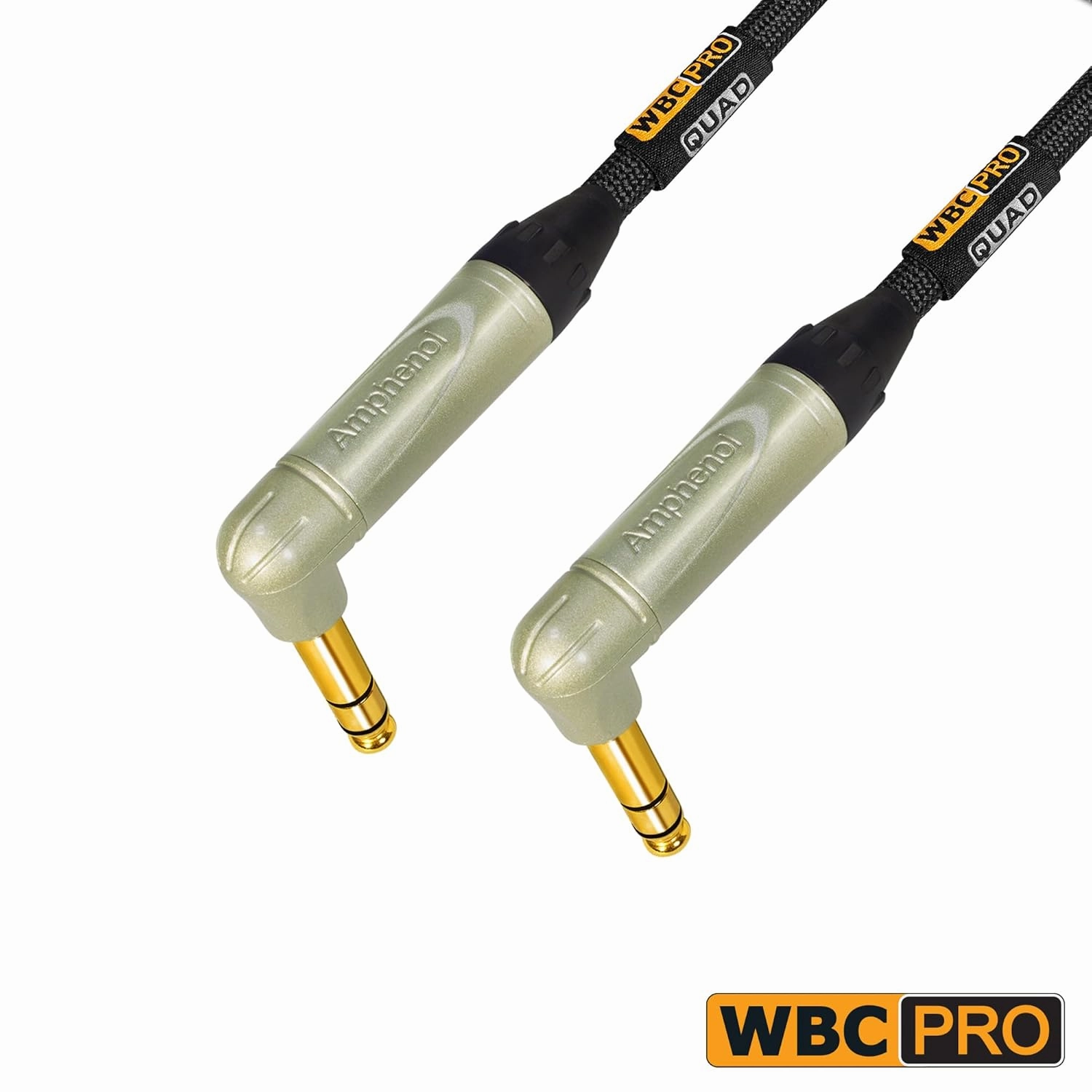 2 Units - 2 Foot - WBC-PRO-Quad Ultra-Silent Ultra-Flexible Balanced Star-Quad Cable with Amphenol QS3R-AU ¼ Inch (6.35mm) Gold Right-Angled TRS Stereo Phone Plugs & Black Tweed Jacket