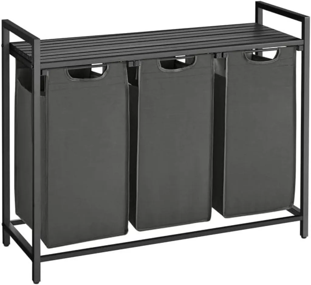 3 x 38L Laundry Hamper with Shelf - Black and Gray