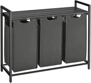 3 x 38L Laundry Hamper with Shelf - Black and Gray