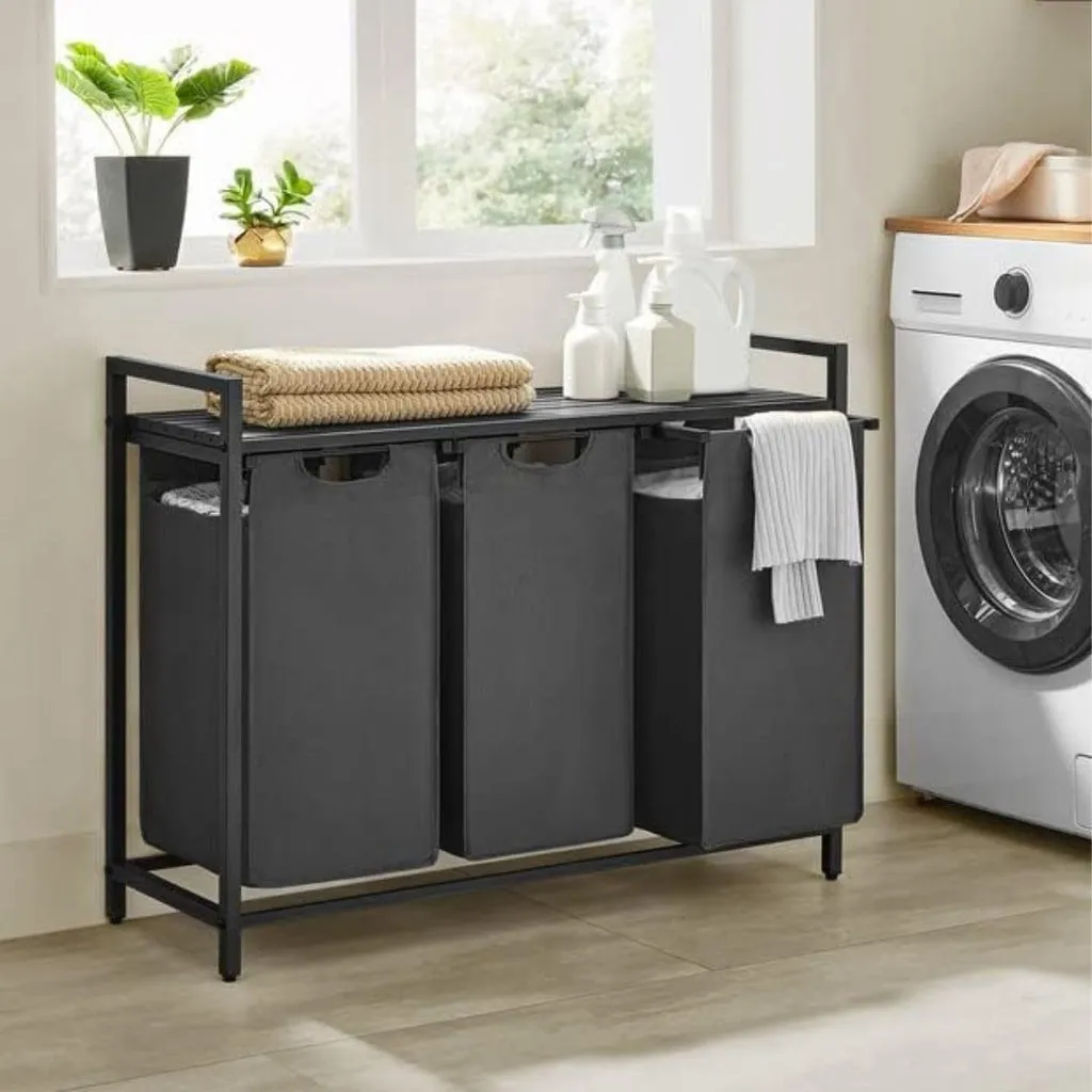 3 x 38L Laundry Hamper with Shelf - Black and Gray