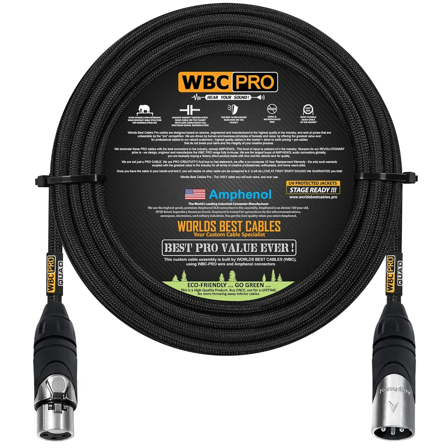 30 Foot - WBC-PRO-Quad Ultra-Silent Ultra-Flexible Balanced Star-Quad Cable with Amphenol Male & Female XLR Plugs & Black Tweed Jacket